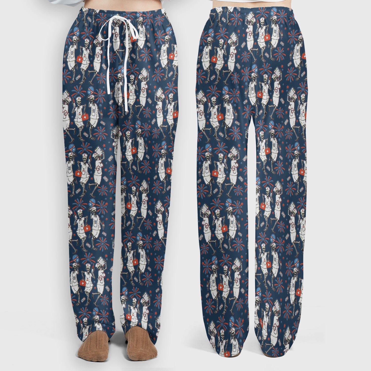Funny Skeleton Nurse Patriotic Print Scrub Set, Scrub Pants and V Neck Top
