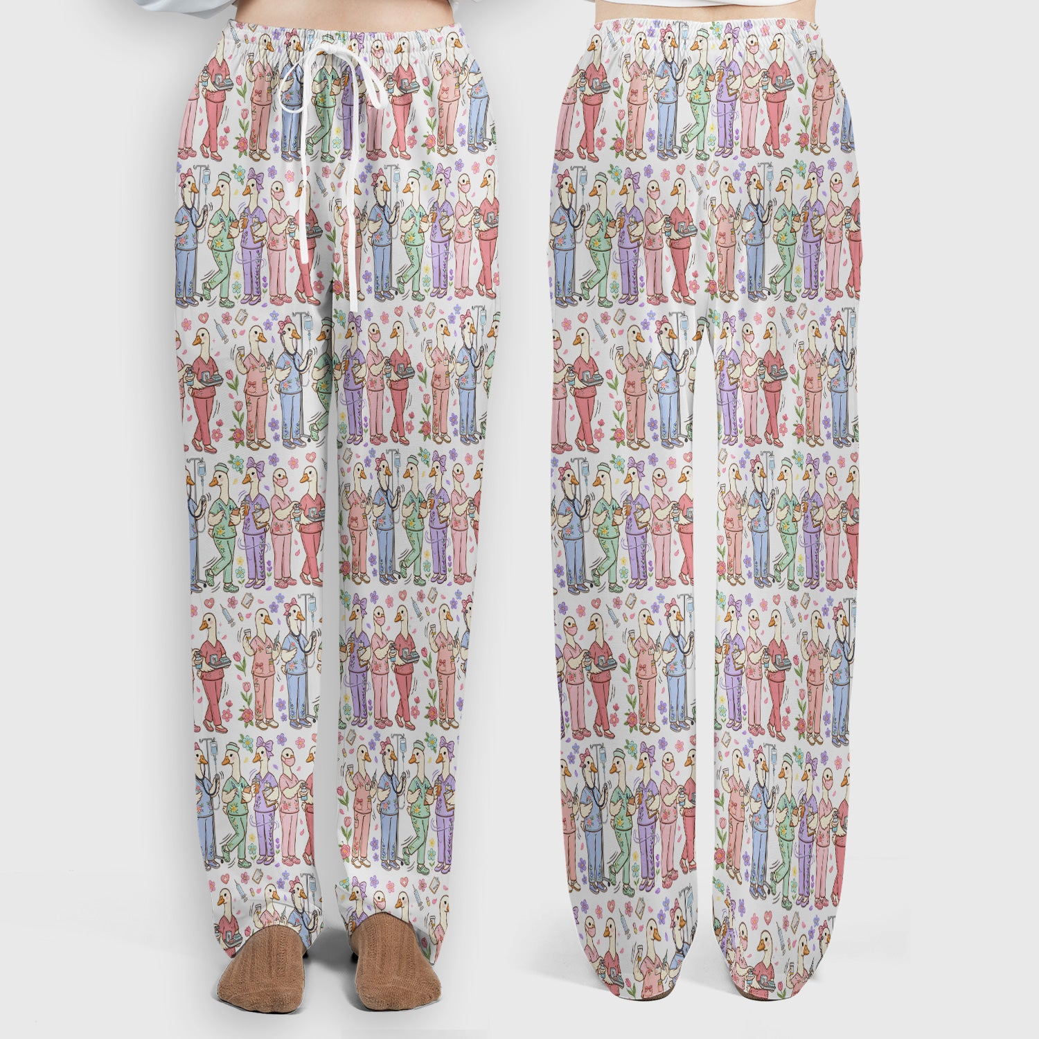 Goose Characters Floral Medical Team Uniform Pattern Scrub Set, Breathable Med Uniform