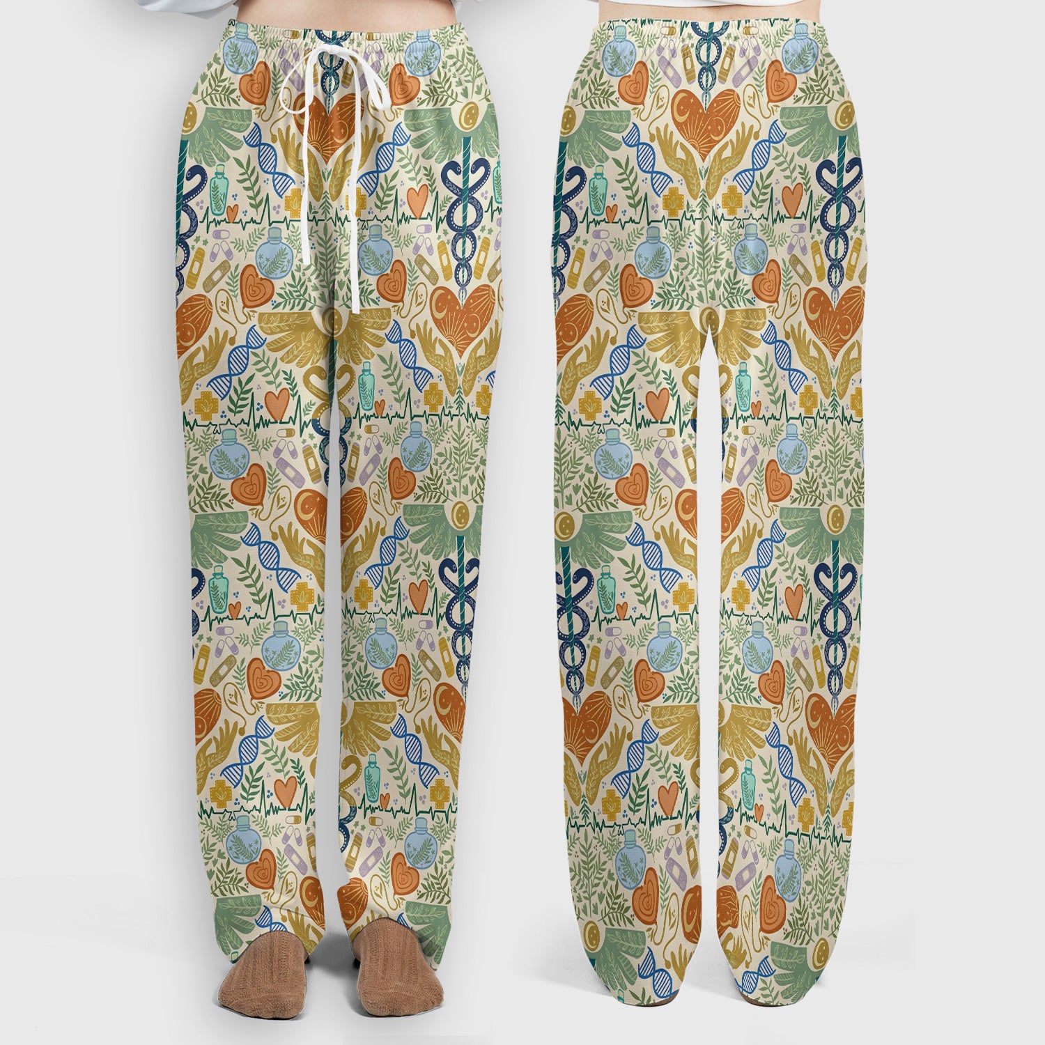 Inspirational Botanical Medical Caduceus Heart Nurse Pattern Scrub Set, Breathable Med Uniform
