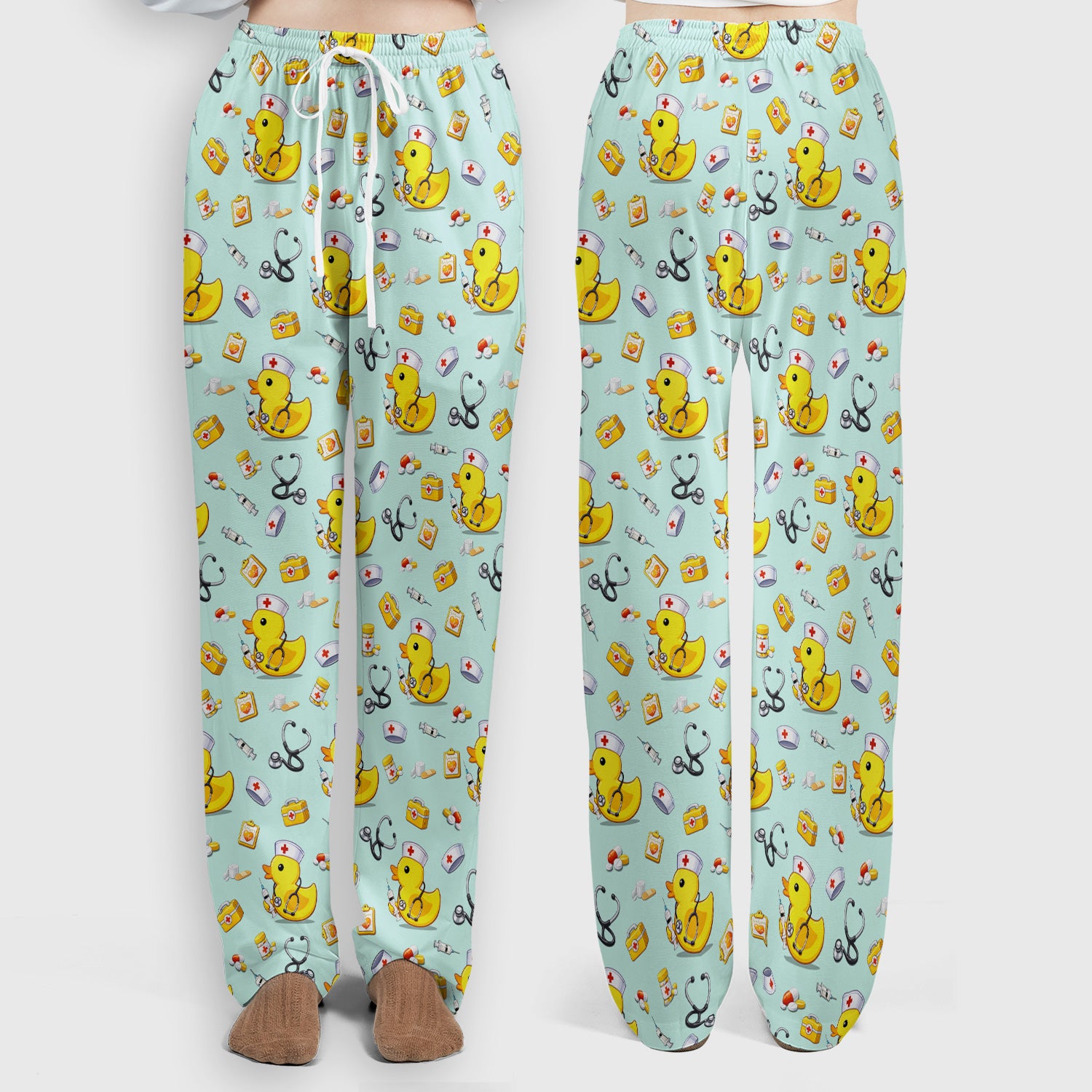 Playful Medical Duck Print Women's Scrub Set, Breathable Med Uniform