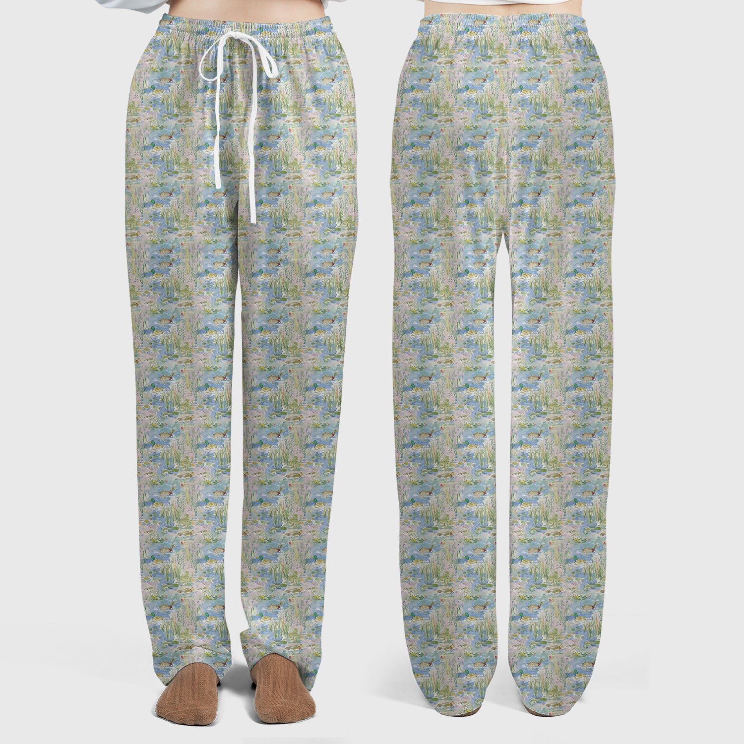 Ducks in Pond Nature Print Scrub Set, Scrub Pants and V Neck Top