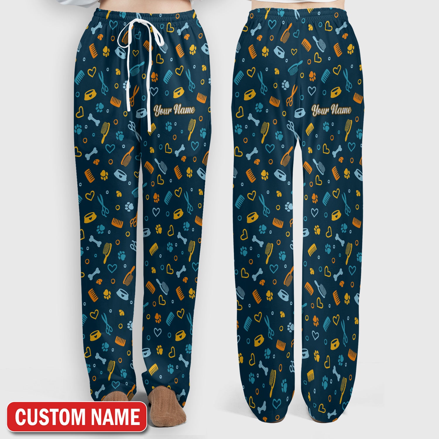 Custom Name Dog Cat Grooming Pattern Scrub Set, Scrub Pants and V Neck Top