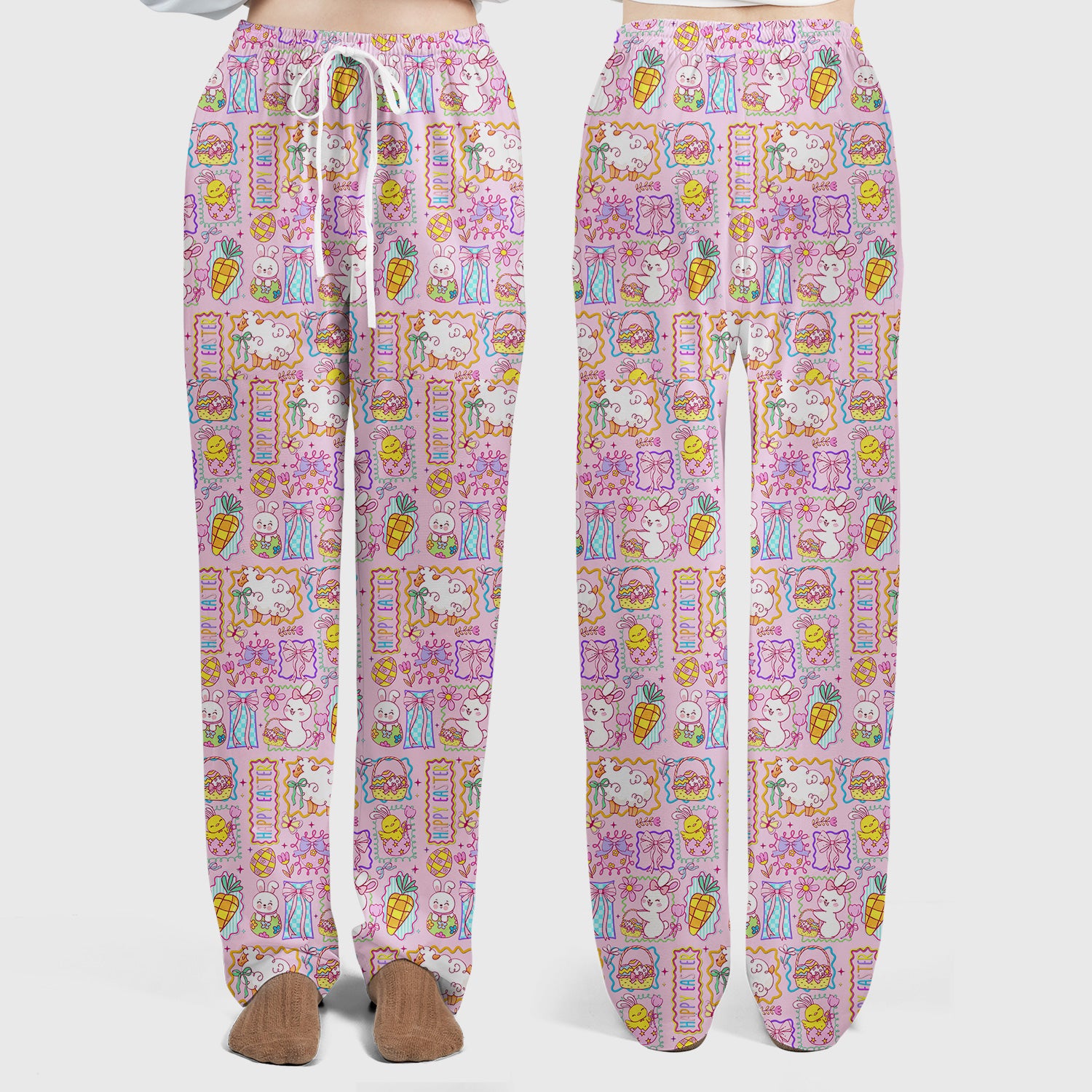 Cute Easter Bunny Egg and Bow Print Scrub Set, Scrub Pants and V Neck Top