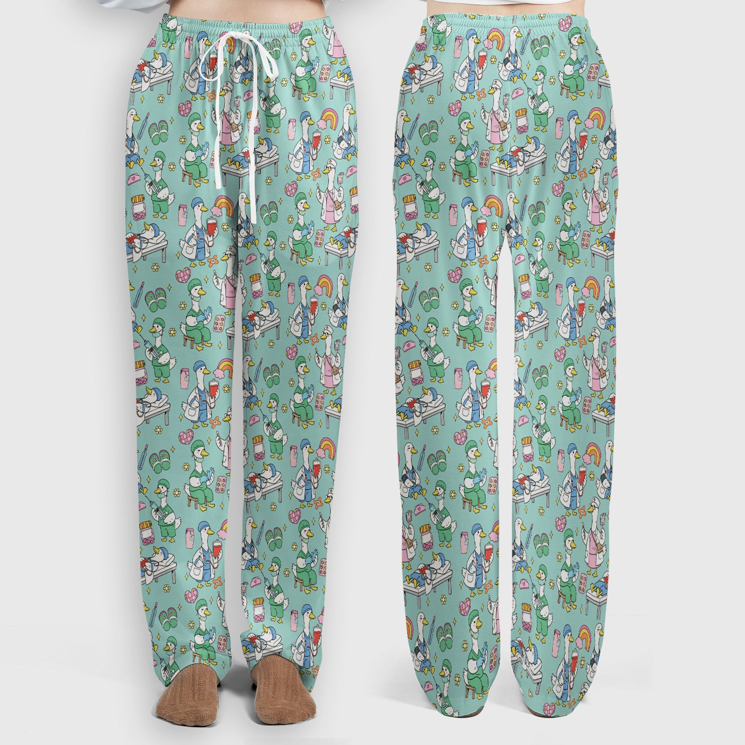 Funny Nurse Duck Medical Doodle Pattern Scrub Set, Scrub Pants and V Neck Top