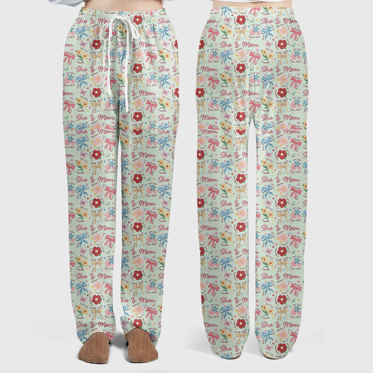 She Is Mom Flower Bow Pattern Scrub Set, Scrub Pants and V Neck Top