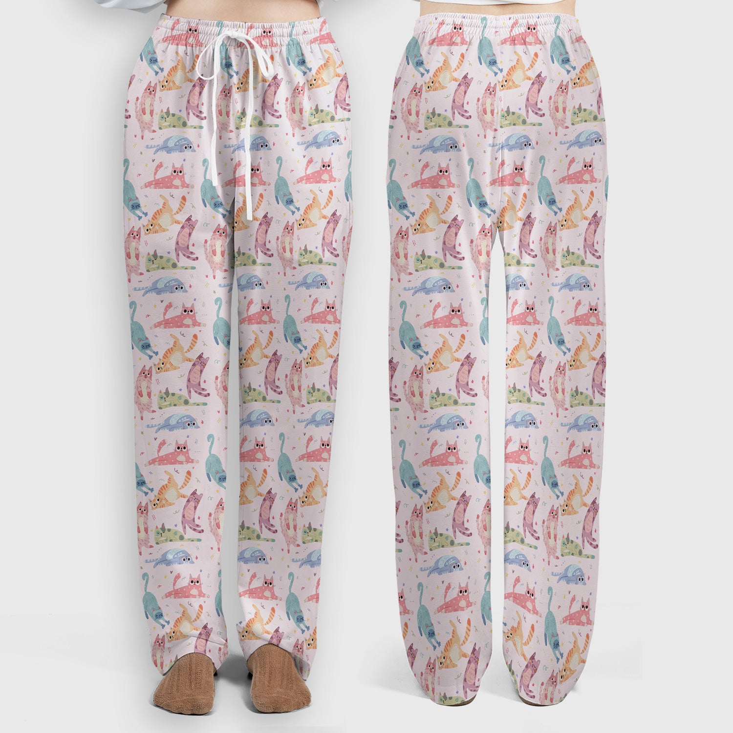 Funny Pastel Cat Pattern Medical Scrub Set, Breathable Fabrics Nursing Uniform