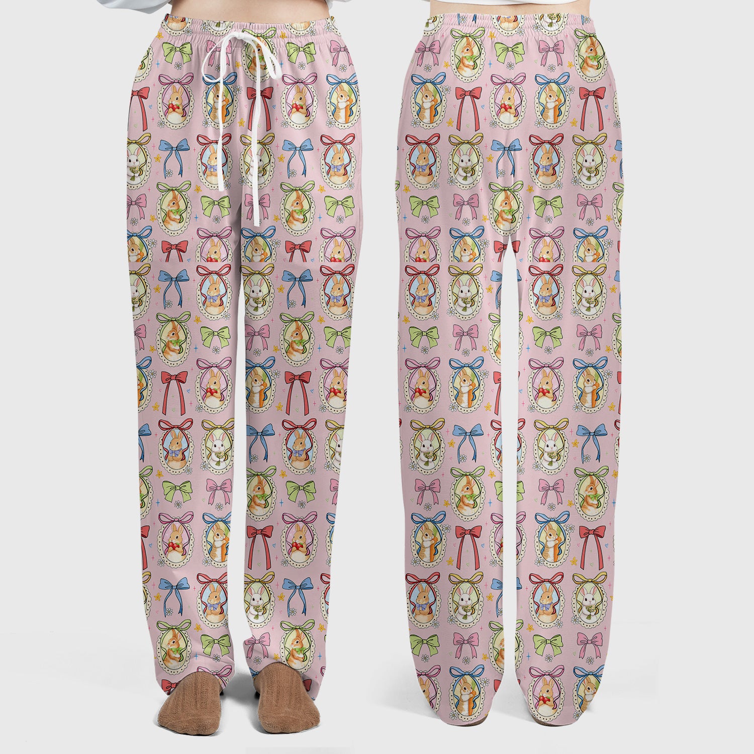 Cute Easter Bunny Cameo Colorful Bow Pattern Scrub Set, Breathable Med Uniform