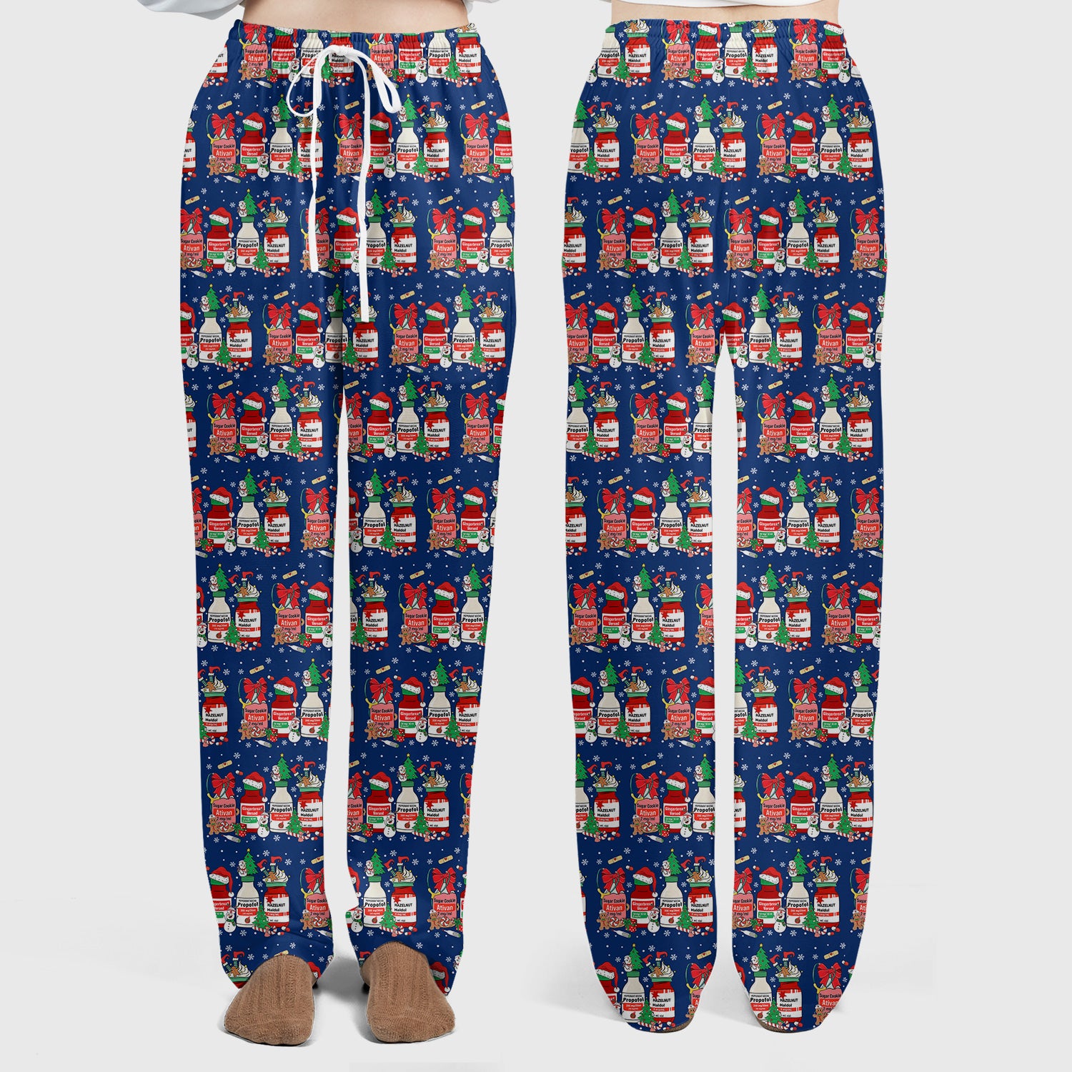 Funny Christmas Medication Scrub Set – Festive Holiday Pharma Bottles Pattern – Playful Medical Uniform for Nurses, Pharmacists & Healthcare Workers