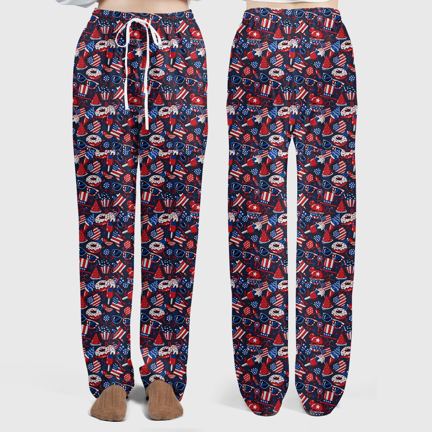 Cute Patriotic Print V Neck Scrub Set for Healthcare Workers, Red Blue Uniform