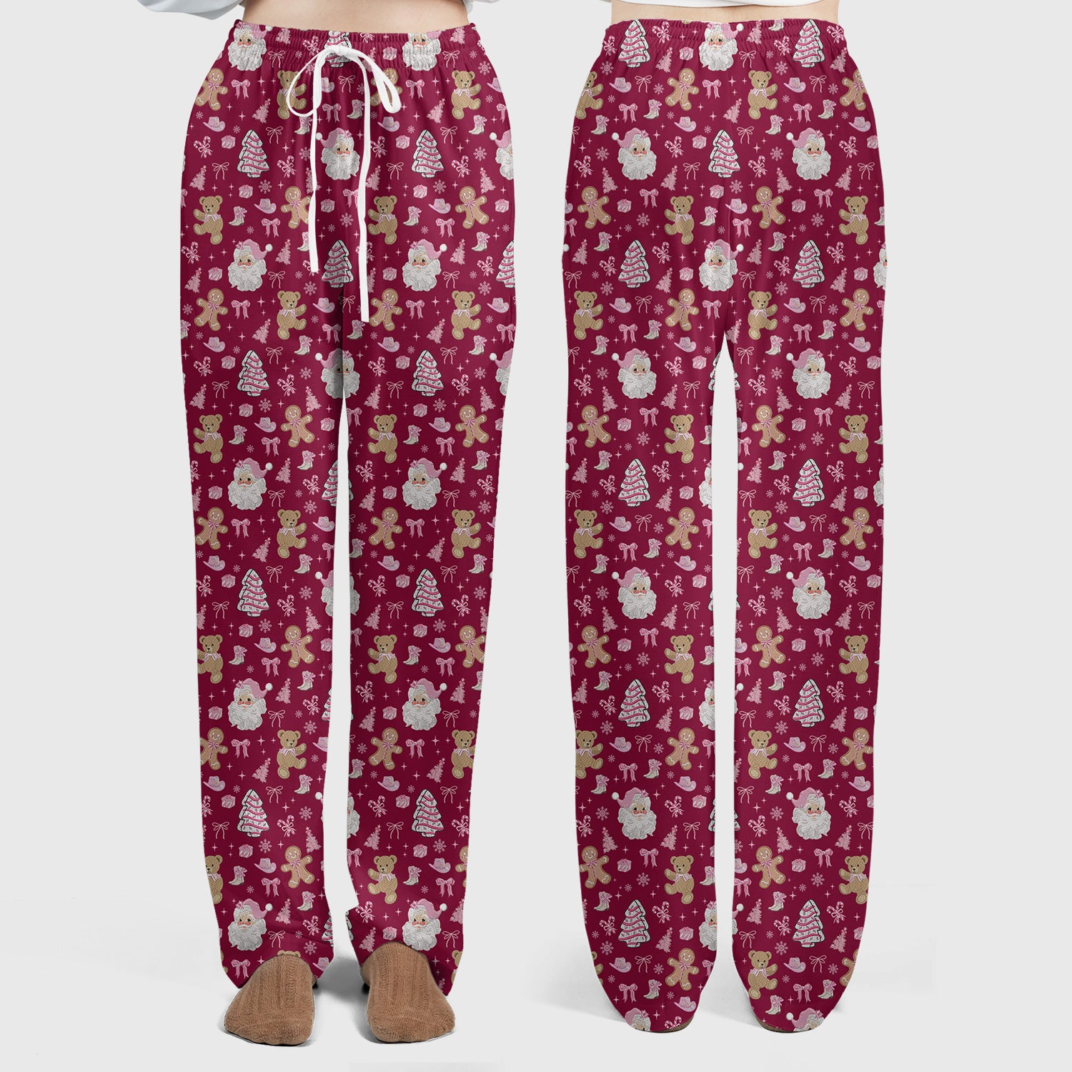 Pink Christmas Santa Gingerbread Scrub Set, Cute Holiday Medical Pattern Shirt, Breathable Fabrics Nursing Uniform