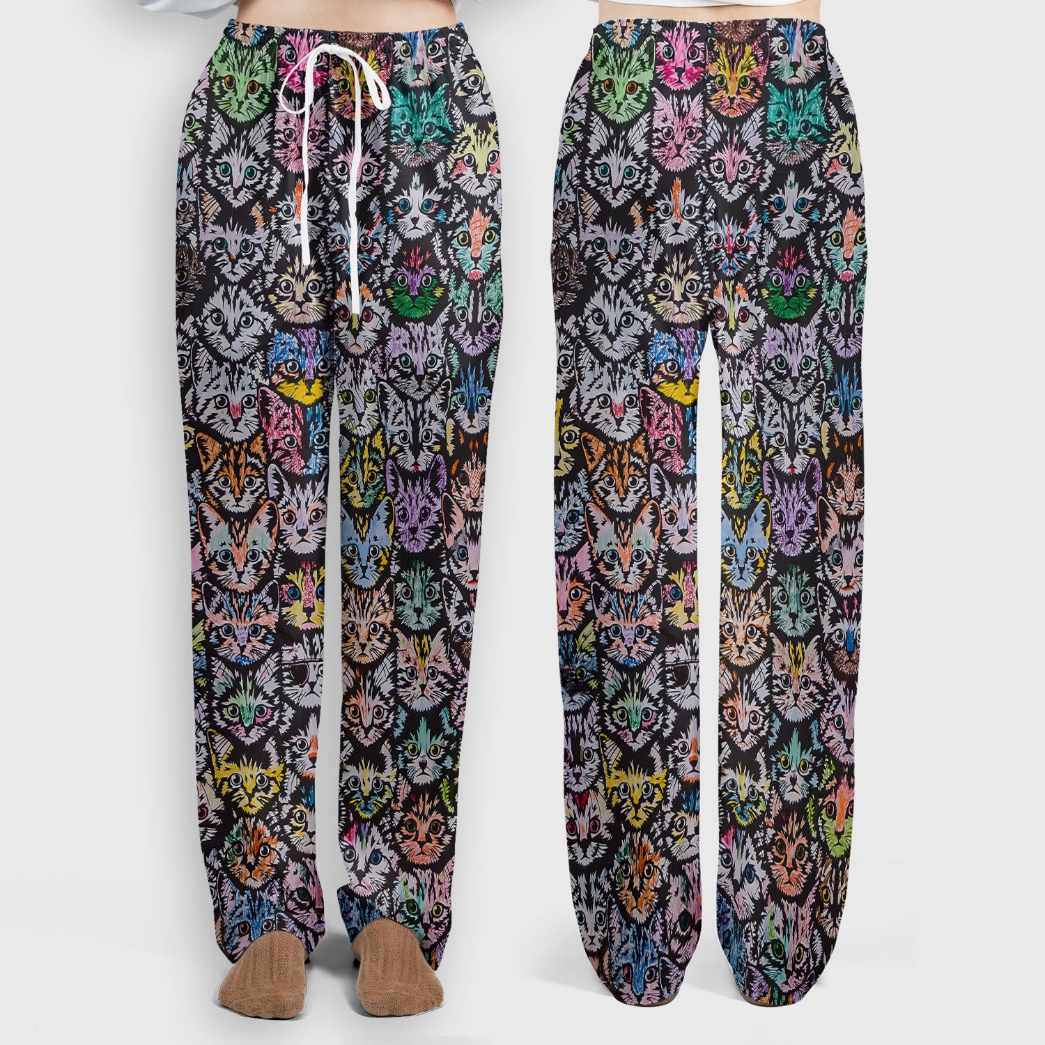 Colorful Cat Faces Pattern Scrub Set, Artistic Kitty Portrait Print, Scrub Pants and V Neck Top