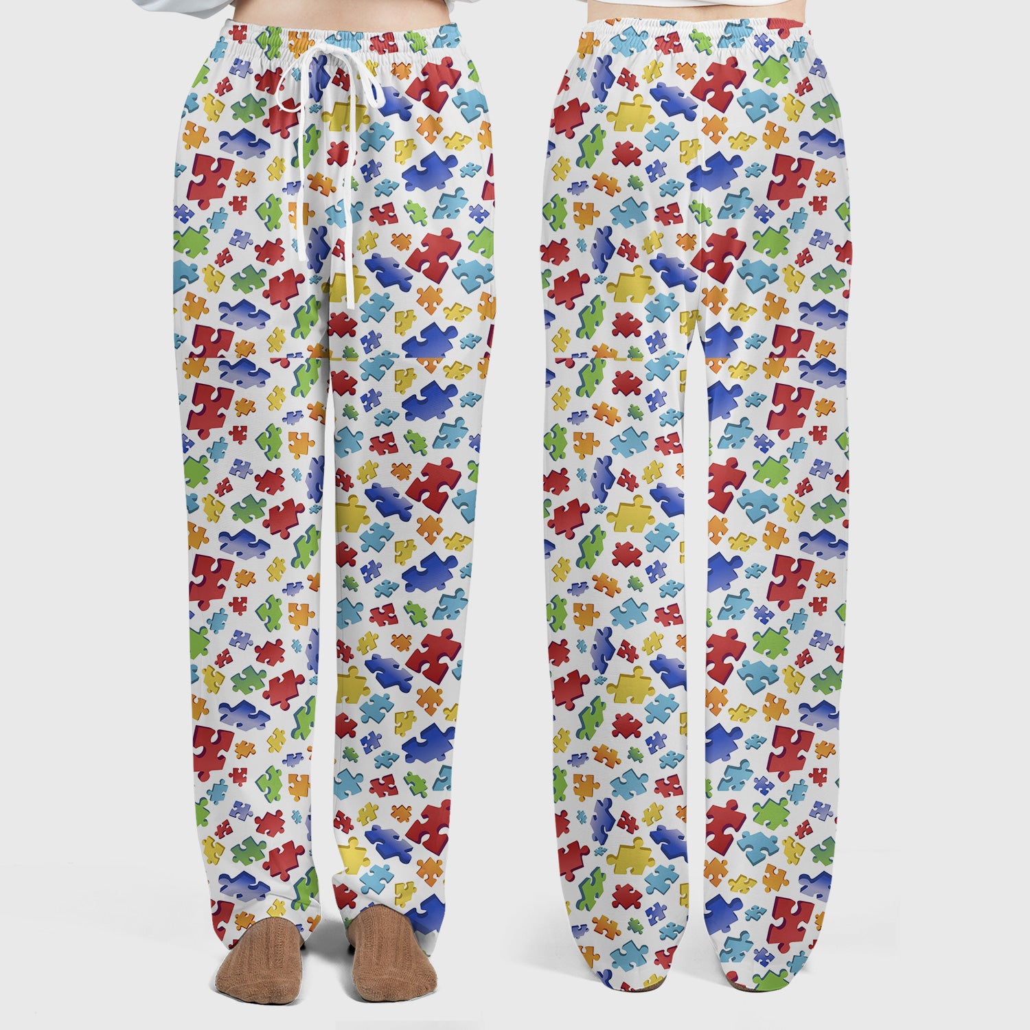 Colorful Scattered Puzzle Piece Pattern Print Scrub Set, Scrub Pants and V Neck Top