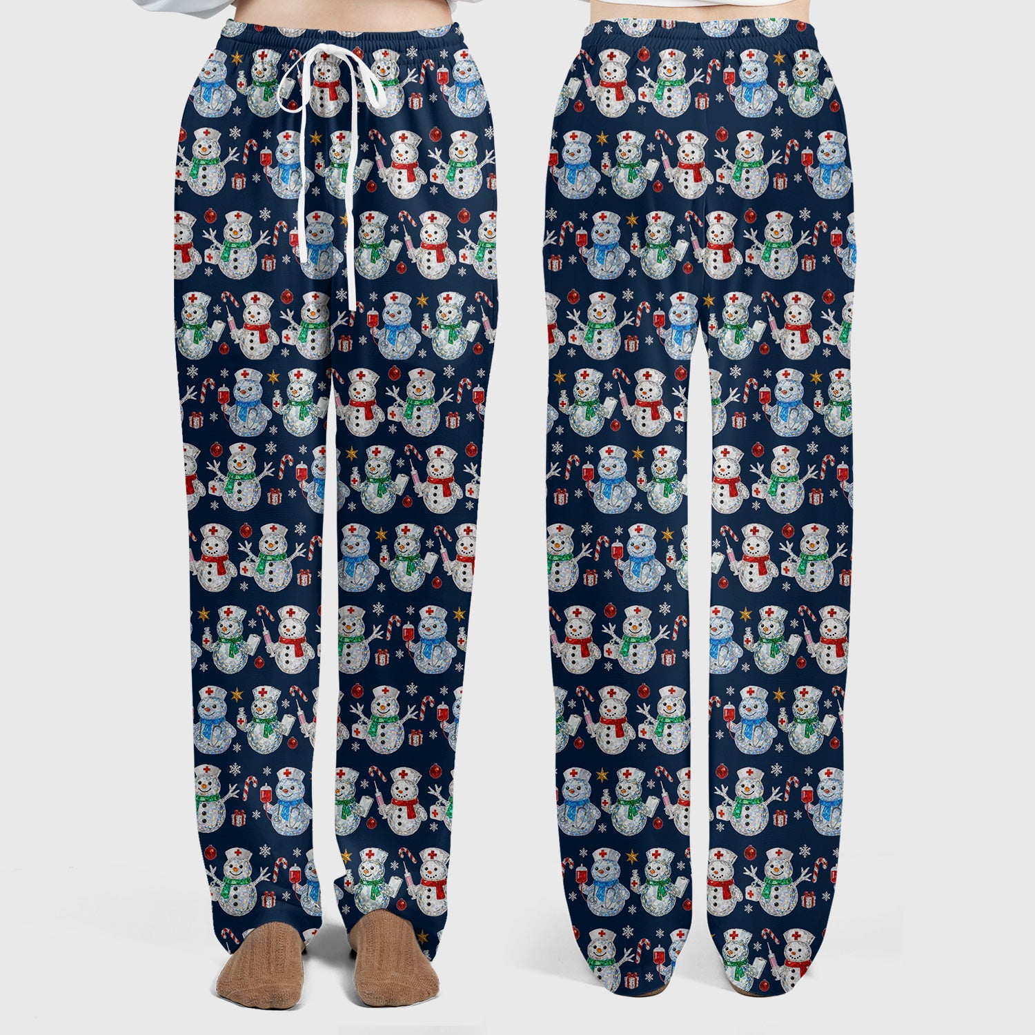 Nurse Snowman Christmas Scrub Set, Cute Holiday Medical Pattern Shirt For Women, Winter Snowflake Nursing Uniform