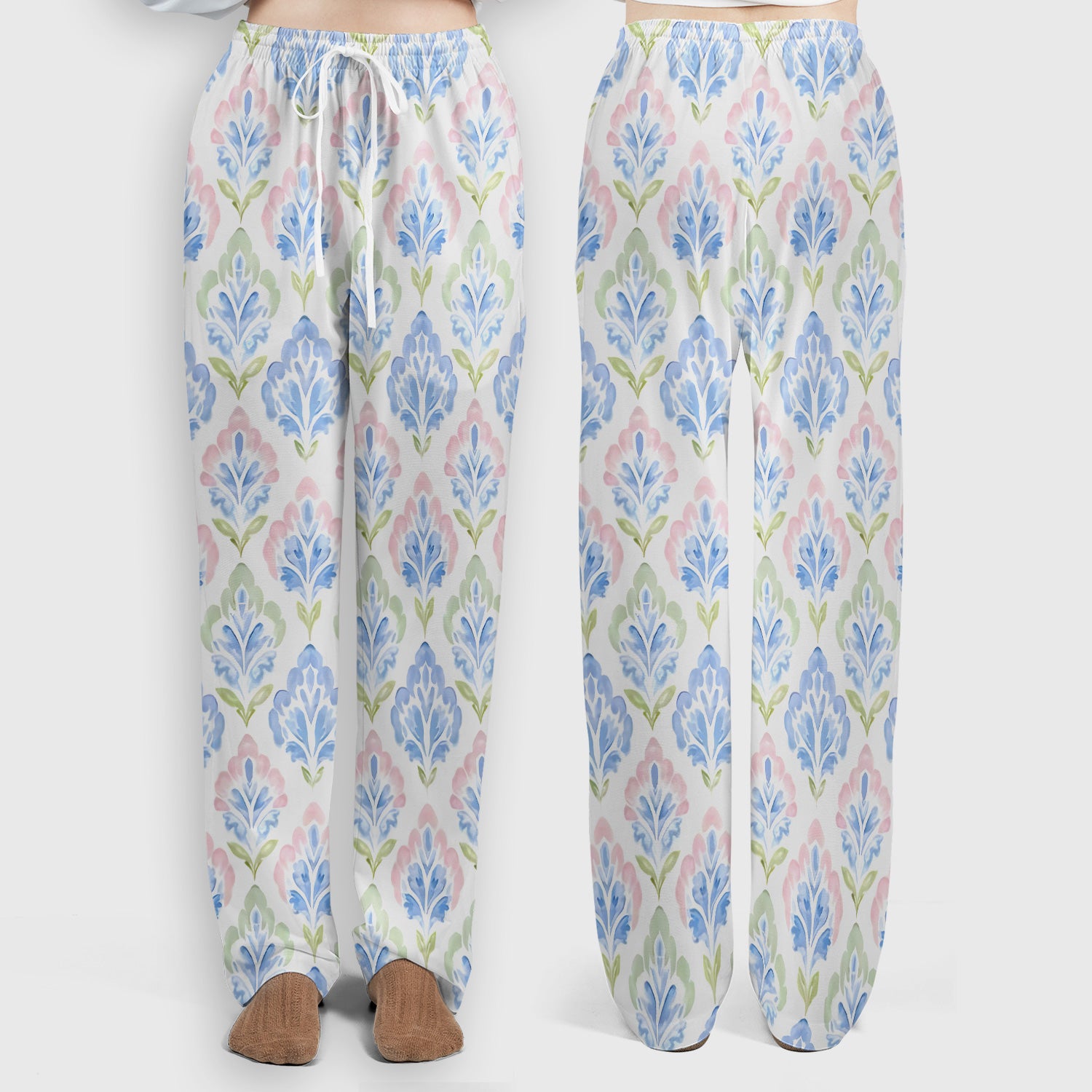 Blue Floral Damask Pattern Scrub Set, Women's Scrub Sets