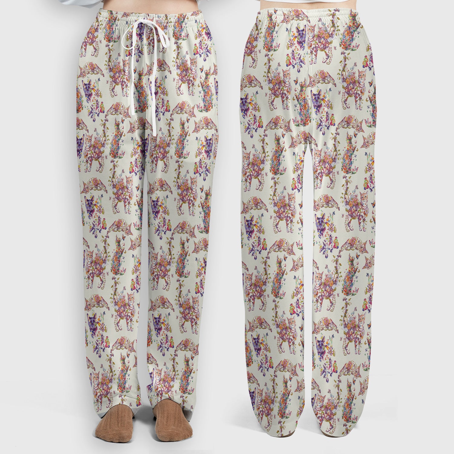 Whimsical Floral Cat Garden Pattern Scrub Set, Scrub Pants and V Neck Top