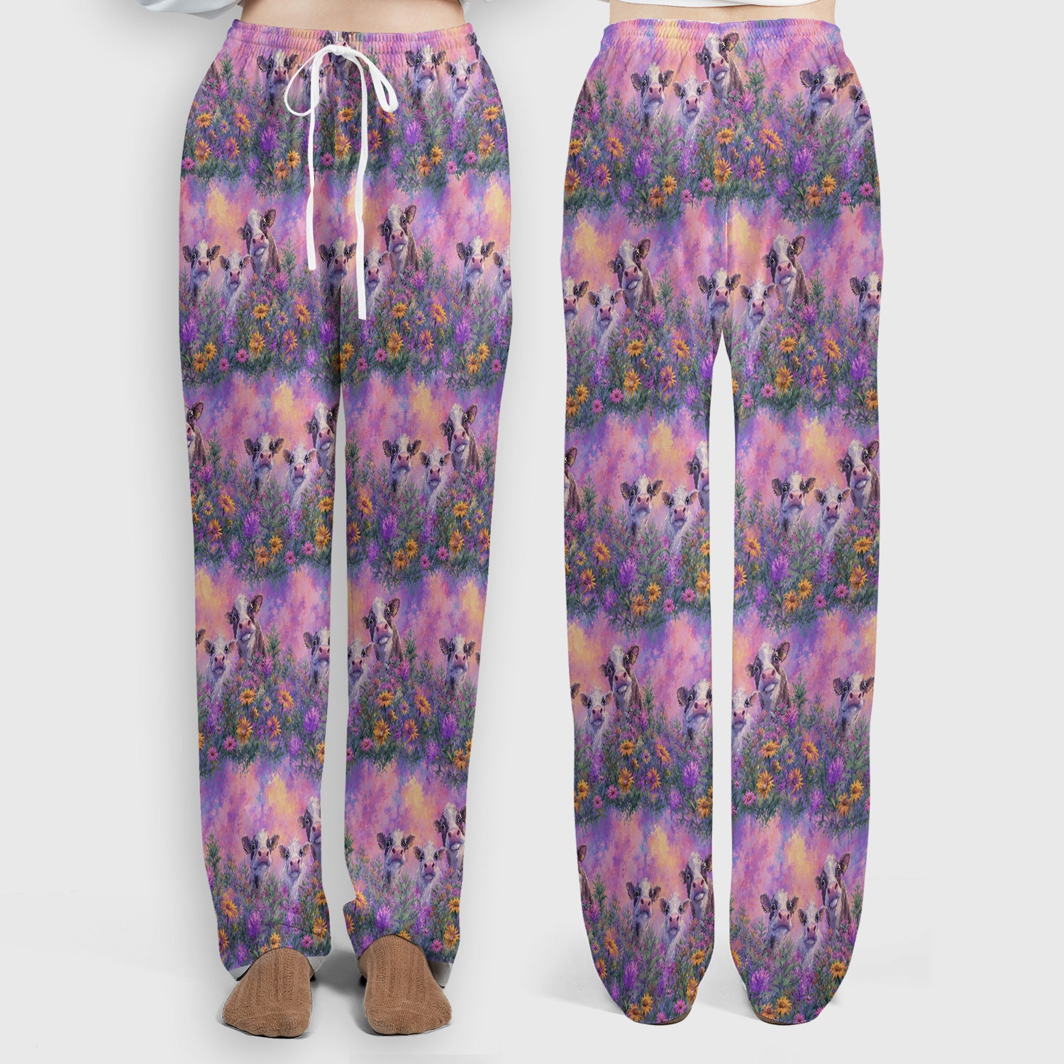 Pastel Cow Meadow Flower Pattern Scrub Set, Scrub Pants and V Neck Top
