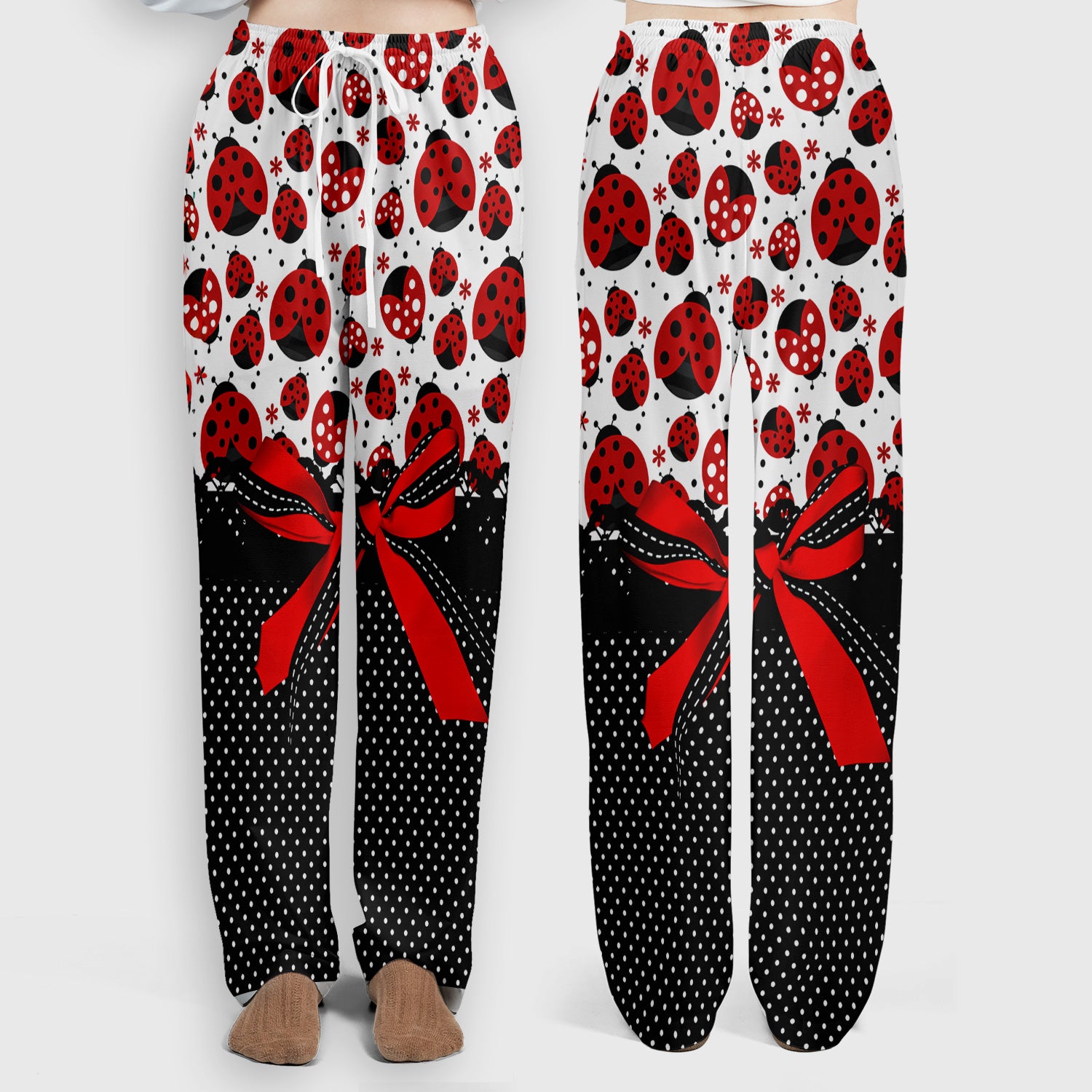 Cute Ladybug Red Ribbon Polka Pattern Scrub Set, Scrub Pants and V Neck Top