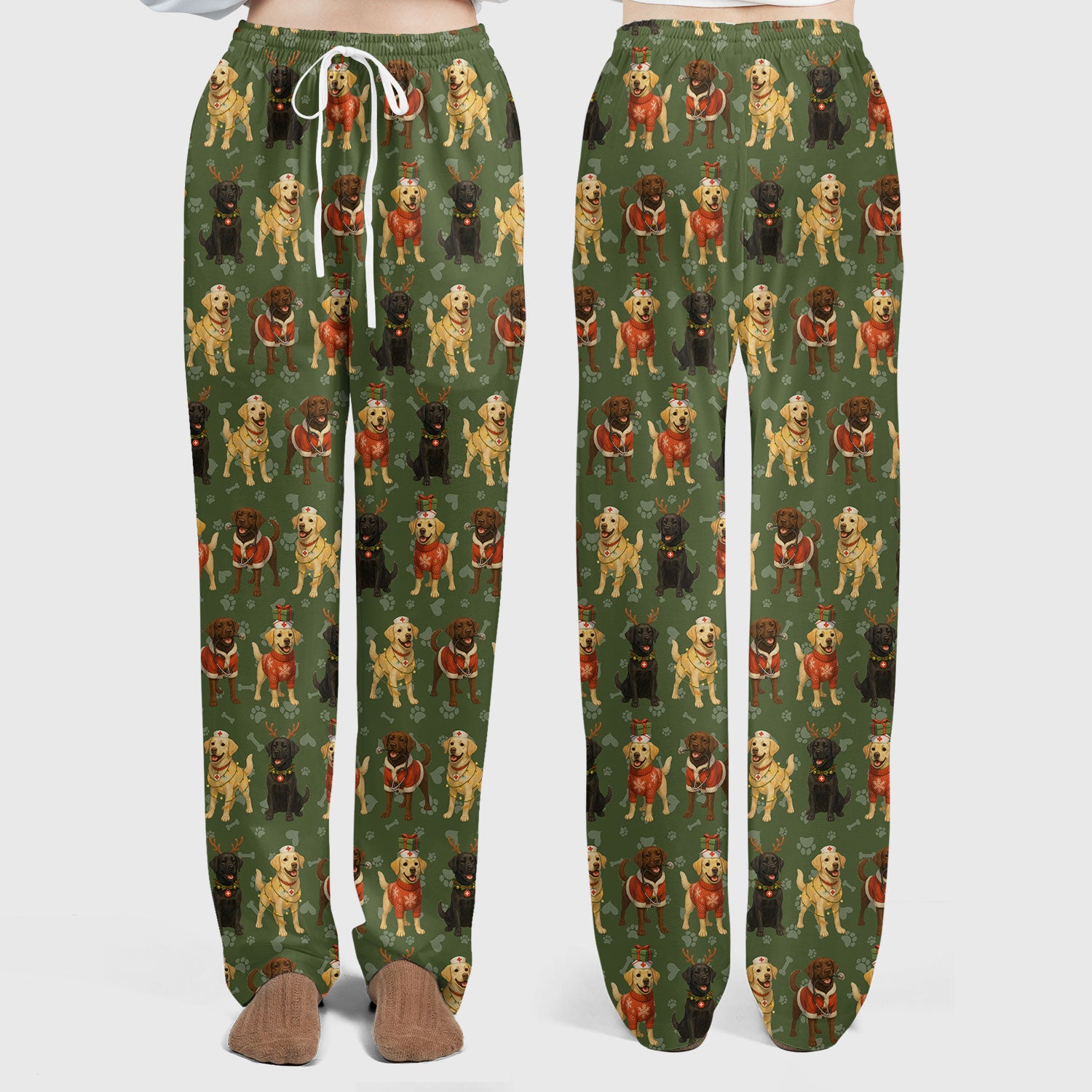 Dog Scrubs Christmas Set for Women - Labrador Puppy Pattern Scrub Top & Pants - Holiday Christmas Scrubs with Cute Dog Print