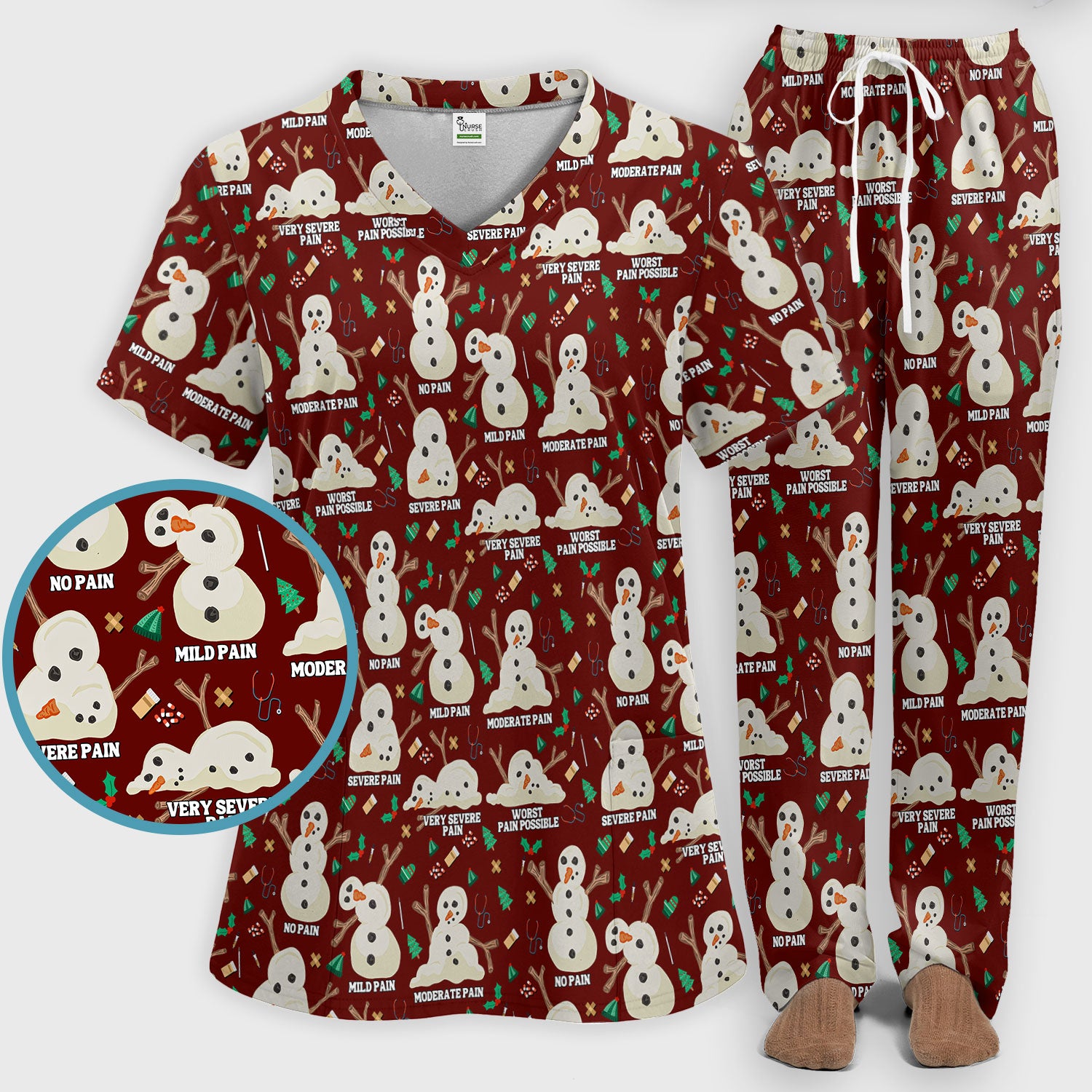 Funny Snowman Pain Scale Scrub Set for Nurse - Christmas Medical Pants and V Neck Top for Women RN LPN CNA
