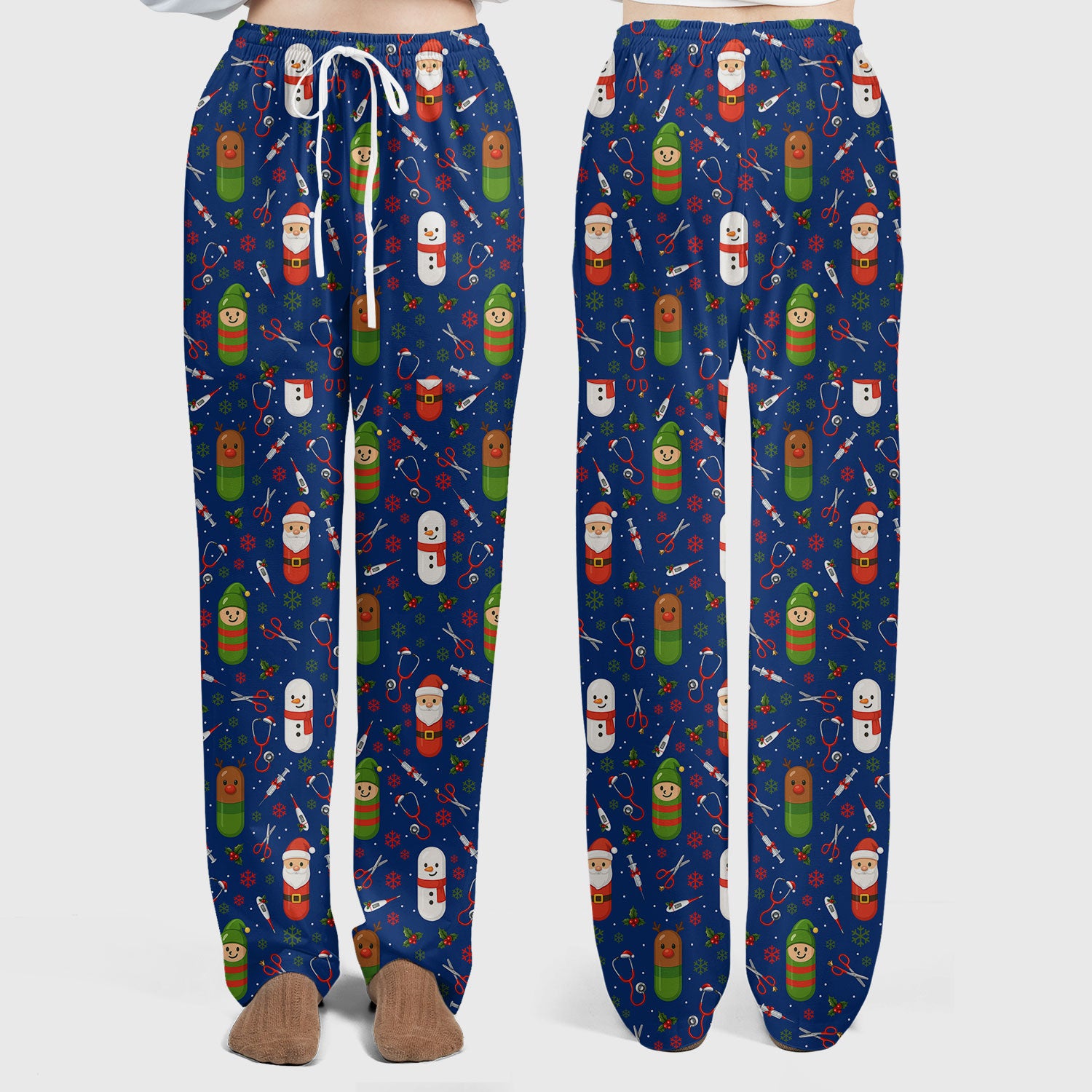 Santa Christmas Scrubs Set - Cute Holiday Pattern with Reindeer and Snowman - Fun Medical Scrub Top and Pants for Women Nurses