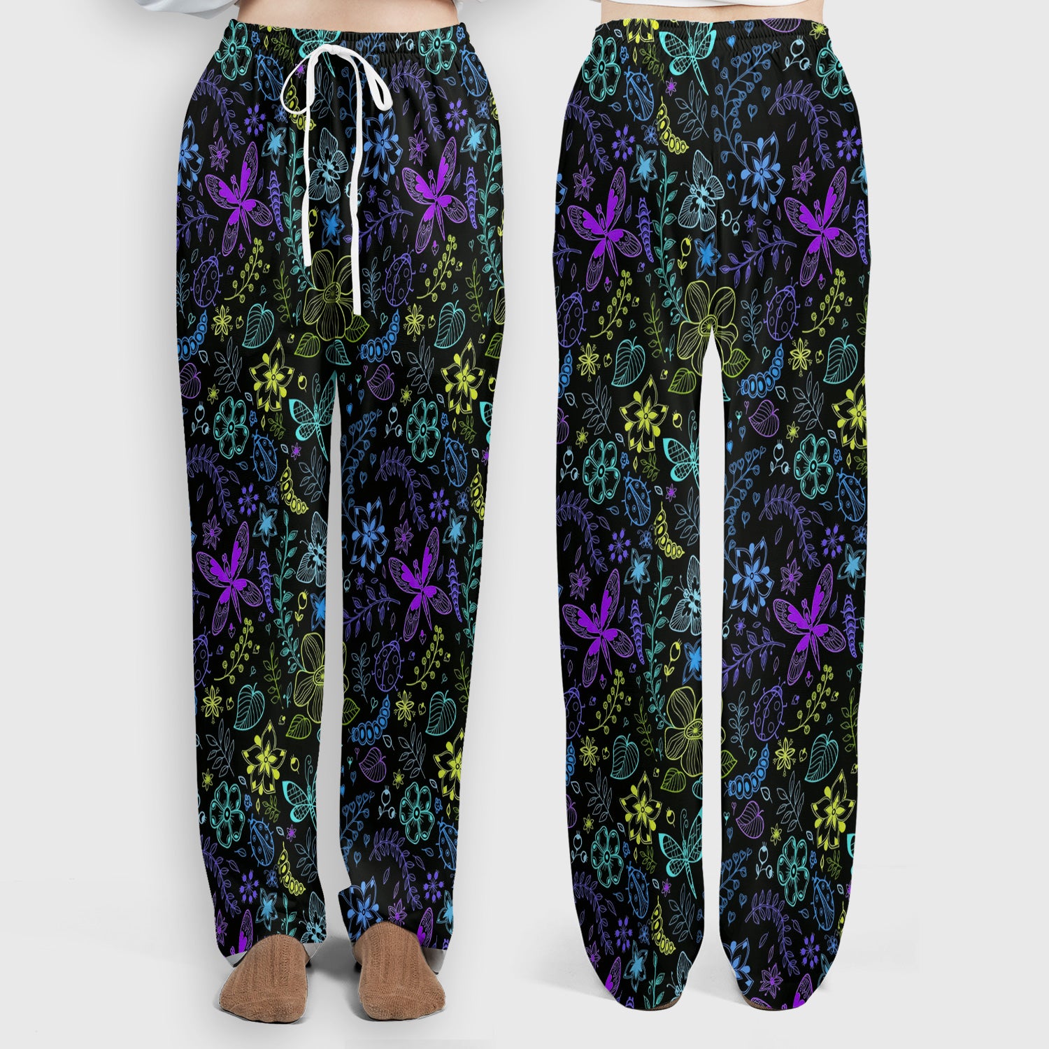 Neon Butterfly and Floral Garden Pattern Scrub Set, Scrub Pants and V Neck Top