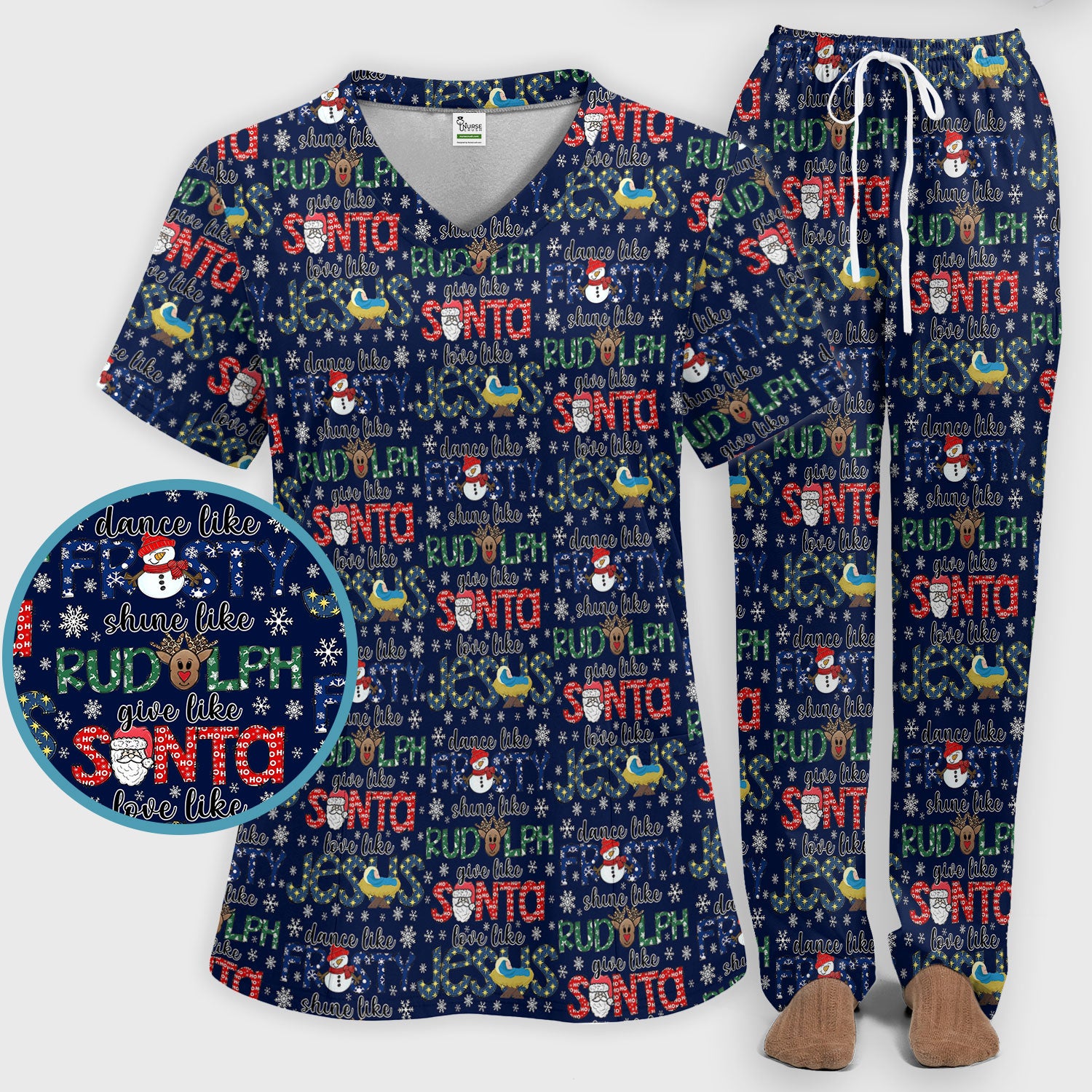 Xmas Rudolph Comfortable Scrub Set for Nurses - God Santa Scrub Pants and V Neck Top - Breathable Med Uniform