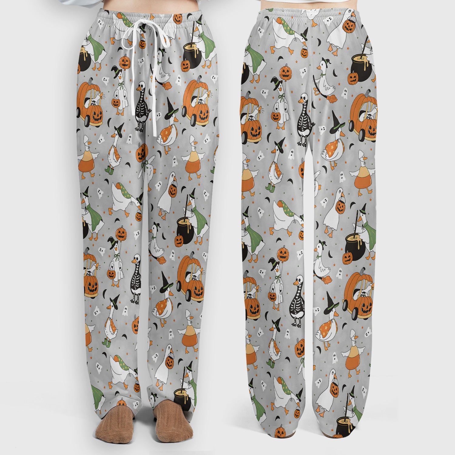 Goose with Pumpkin Checkered Print Scrub Set, Scrub Pants and V Neck Top