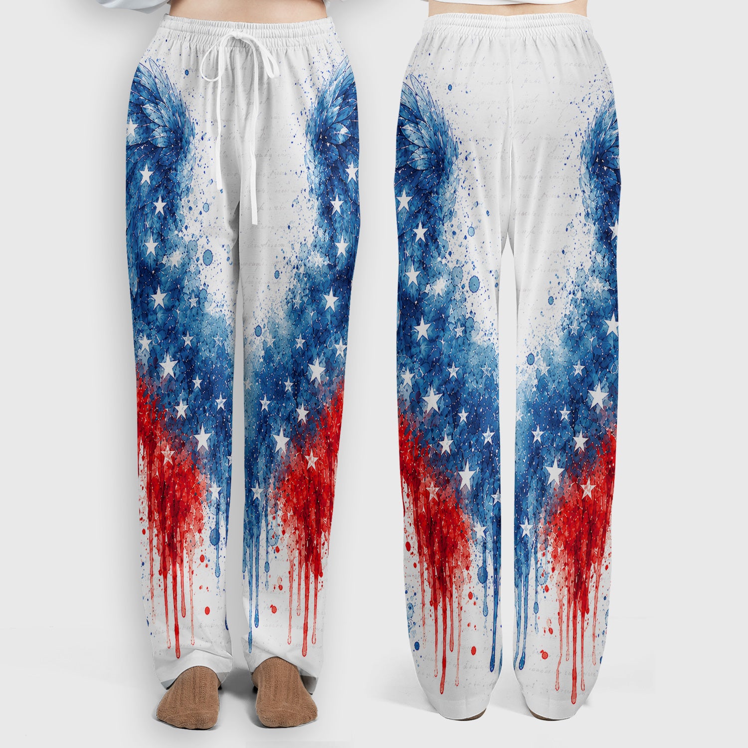 Patriotic Nurse Angel Wings Print Scrub Set, Scrub Pants and V Neck Top