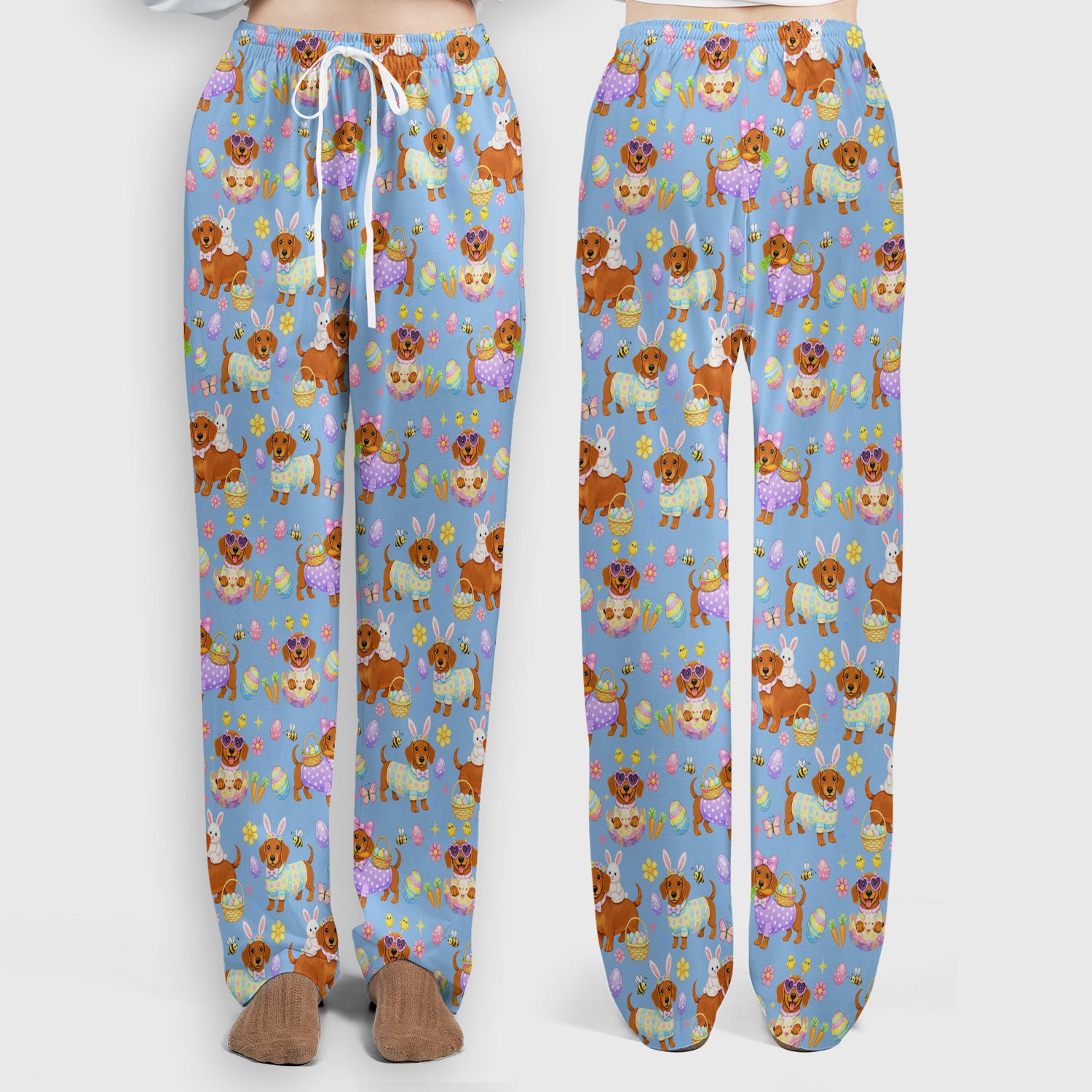 Cute Easter Dachshund Dog Pattern Scrub Set, Scrub Pants and V Neck Top