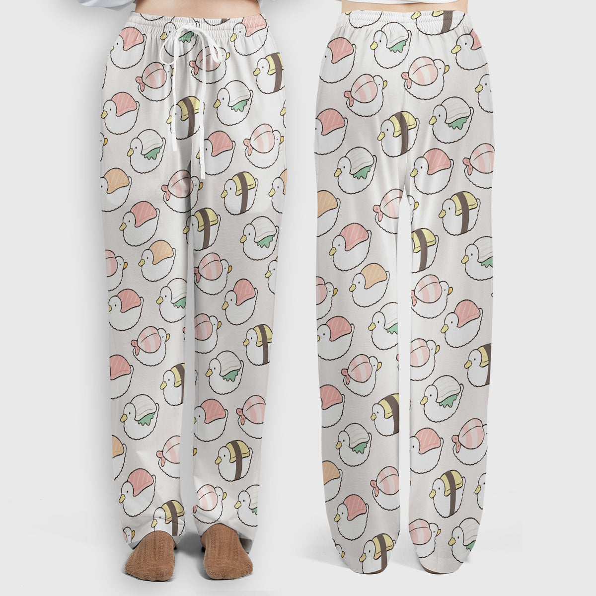 Cute Nigiri Sushi Ducks Pattern Scrub Set, Scrub Pants and V Neck Top