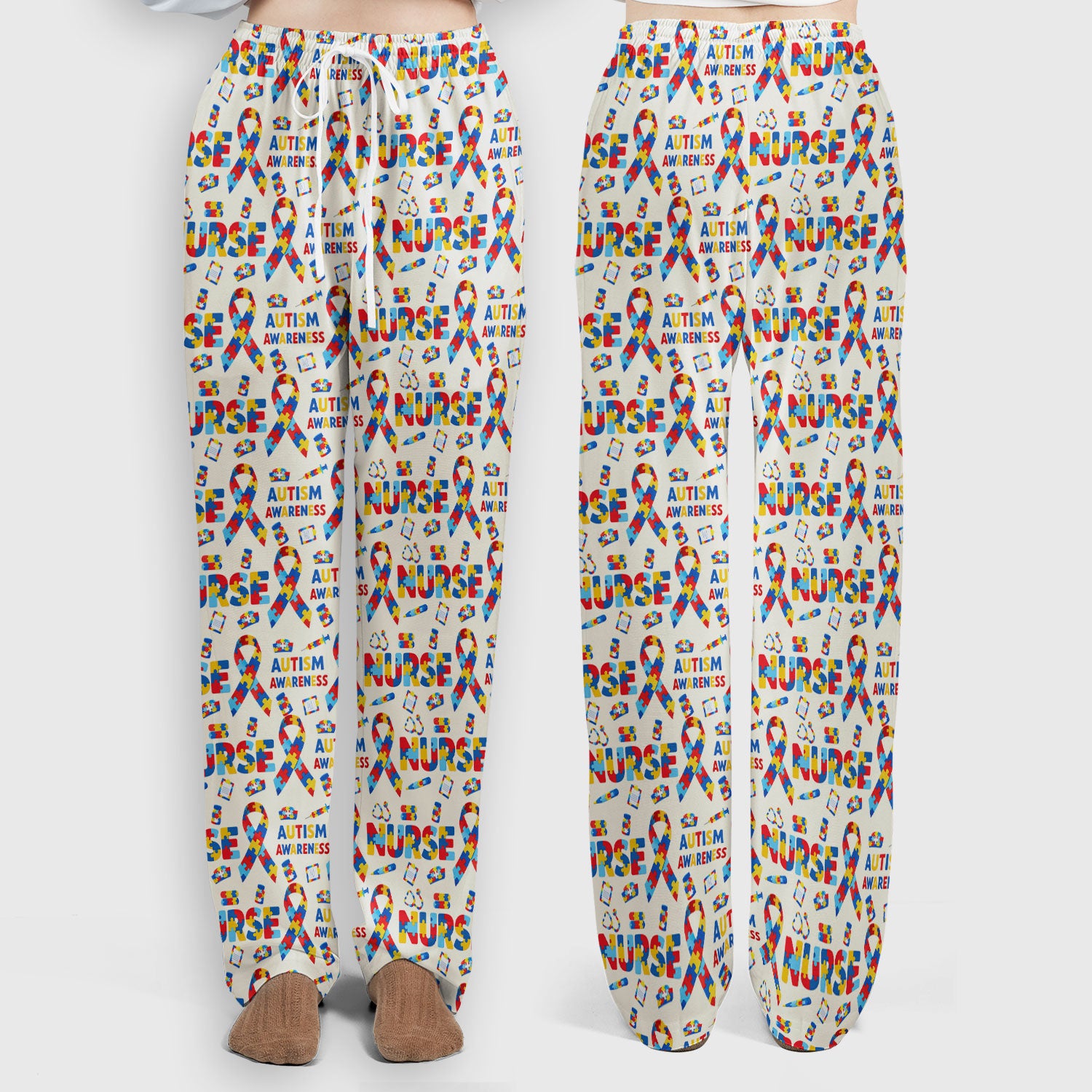 Autism Awareness Nurse Puzzle Ribbon Print Sets,  Breathable Med Uniform
