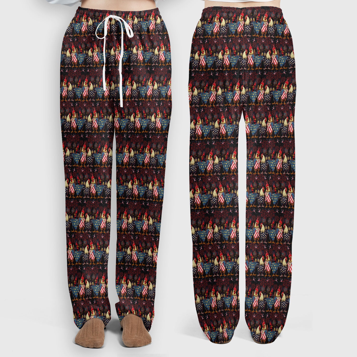 Patriotic Rooster Fireworks Pattern Scrub Set, Scrub Pants and V Neck Top