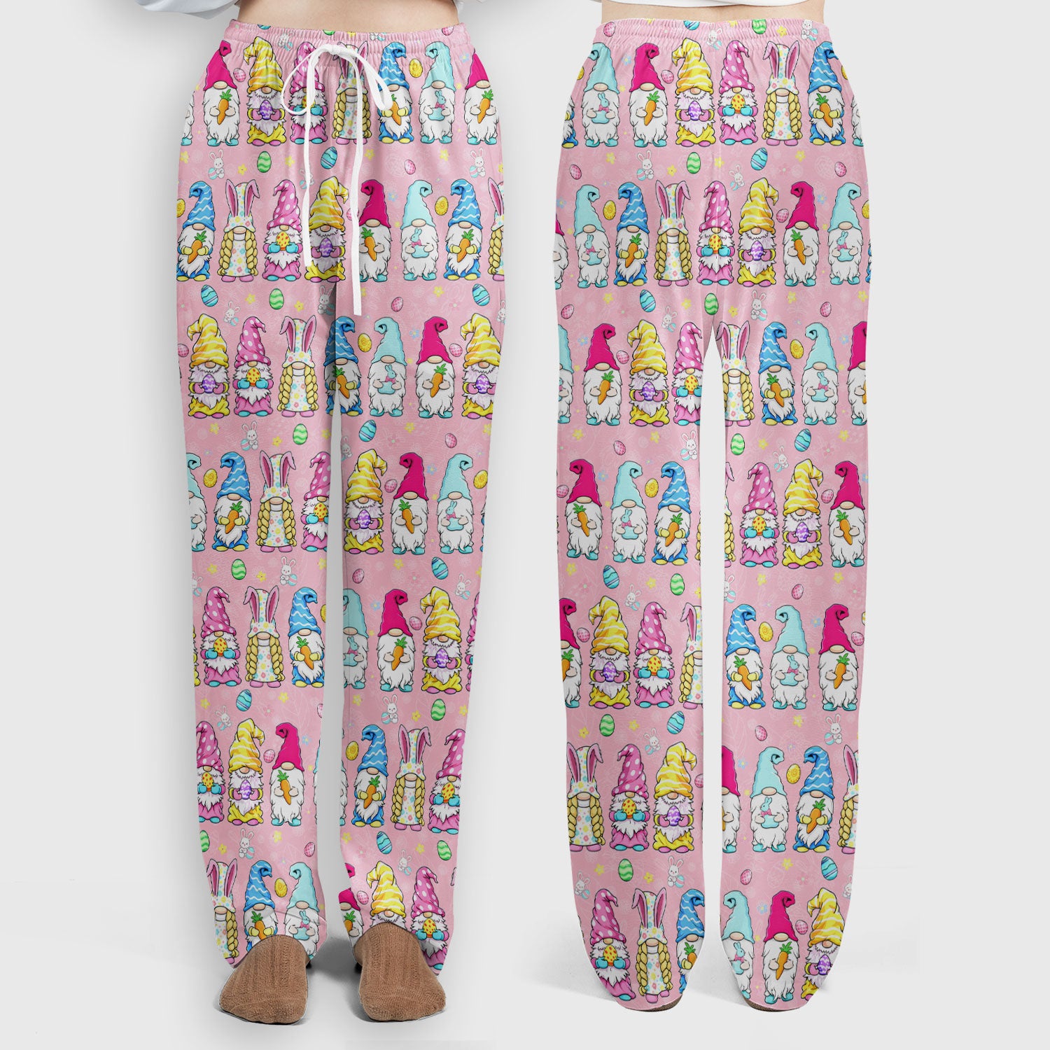 Colorful Easter Gnome Bunny Eggs Pattern Scrub Set, Women's Scrub Sets