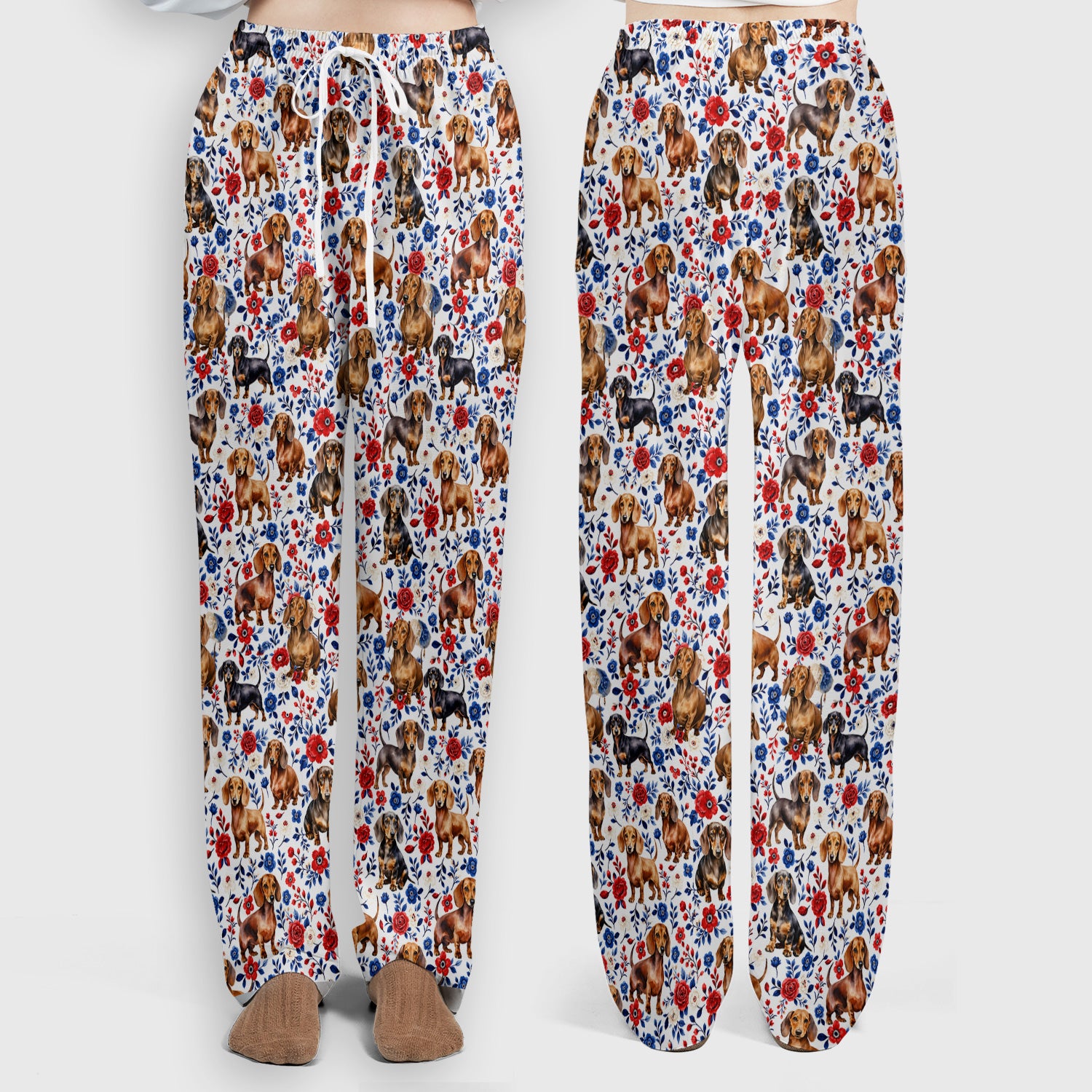 Floral Dachshund Nurse Pattern Scrub Set, Scrub Pants and V Neck Top