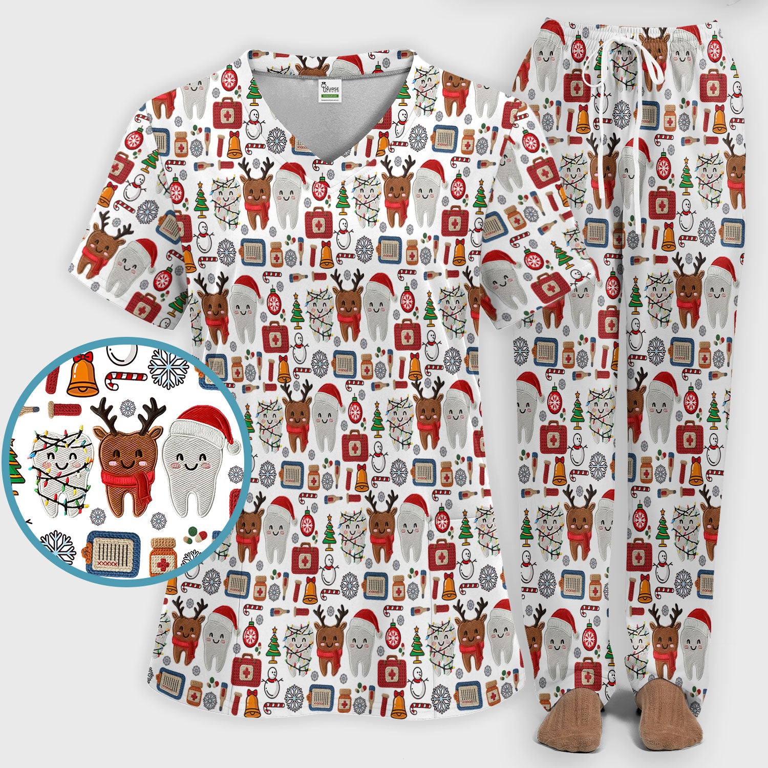 Christmas Dental Scrub Set - Cute Santa & Reindeer Tooth Pants and V Neck Top - Funny Gift for Dentists, Hygienists, Nurses