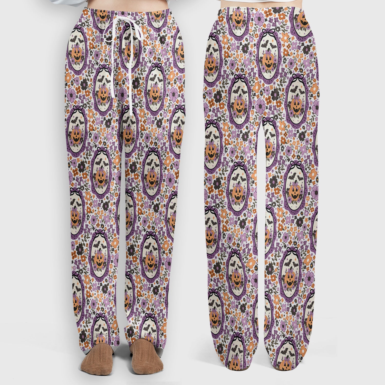 Halloween Pumpkin with Floral Print Scrub Set, Scrub Pants and V Neck Top