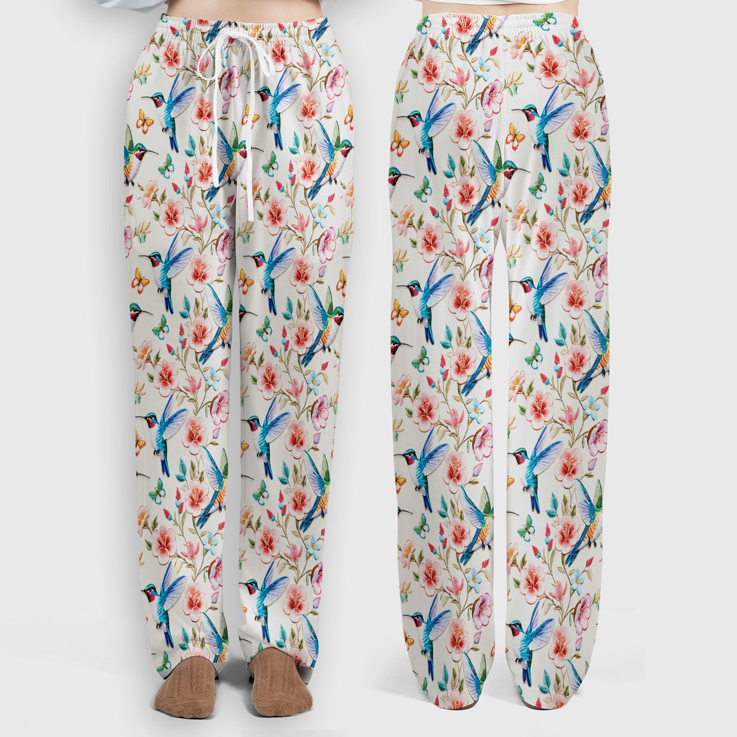 Hummingbird Blossom Butterfly Pattern Scrub Set, Scrub Pants and V Neck Top