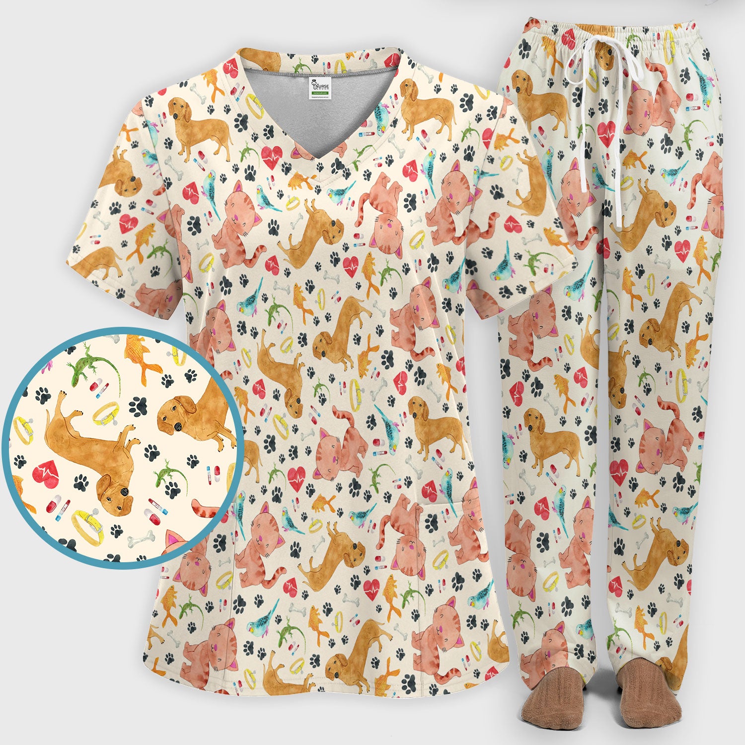 Cute Cat Dog Scrub Set - Animal Lover Medical Uniform - Funny Veterinary Nurse Gift for Women RN CNA LPN