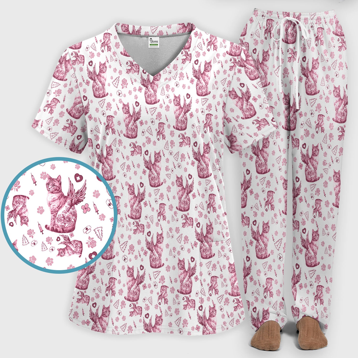 Toile de Jouy Cat Angel Scrub Set - Blue Vintage Nurse Pants and V Neck Top - French Style Medical Uniform for Women