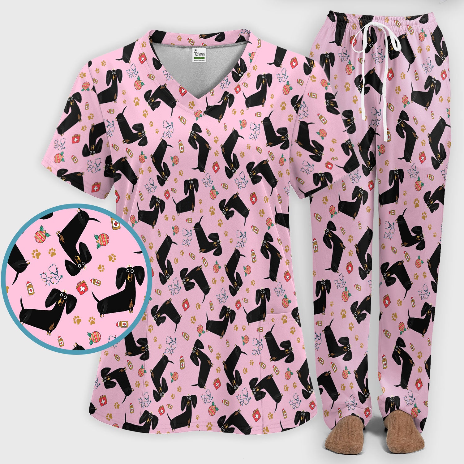 Funny Black Dachshund Scrub Set for Nurses - Cute Wiener Dog Scrubs Pants and V Neck Top - Puppy Lover Nursing Gift for Women