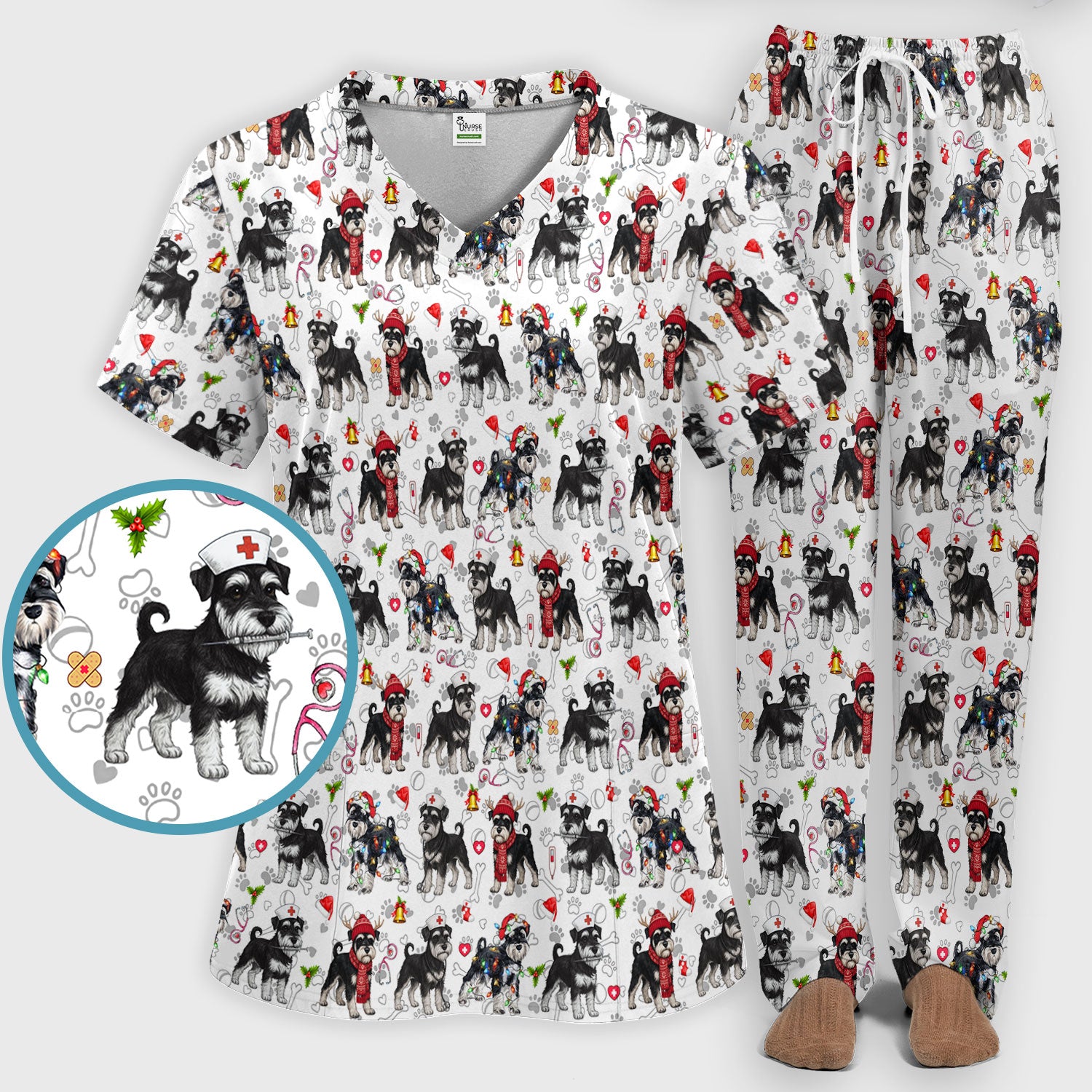 Christmas Schnauzer Scrub Set for Nurses - Cute Dog Holiday Scrubs Pants and V Neck Top - Funny Santa Nursing Medical Shirt for Women