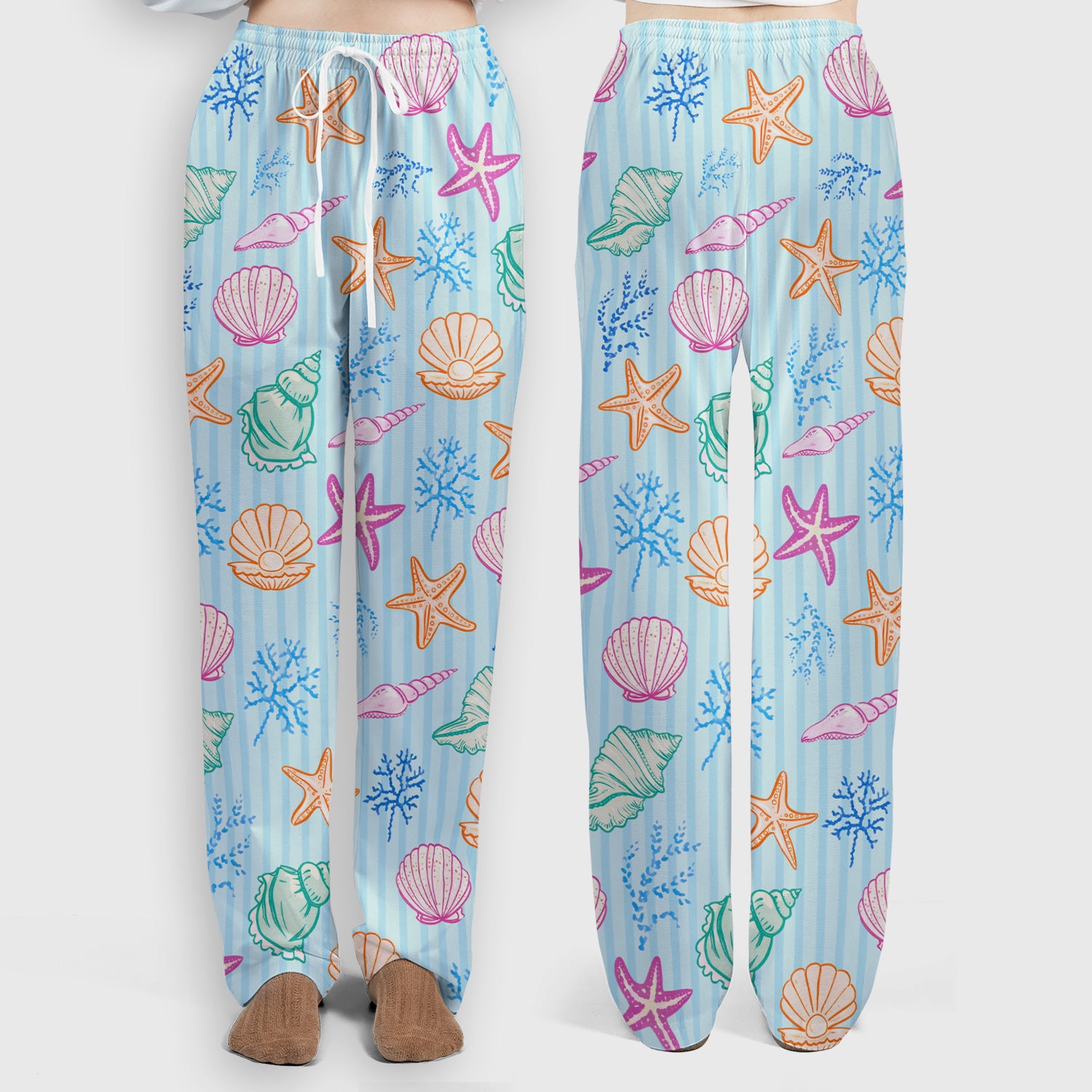 Colorful Seashell Starfish Ocean Stripe Pattern Scrub Set, Women's Scrub Sets