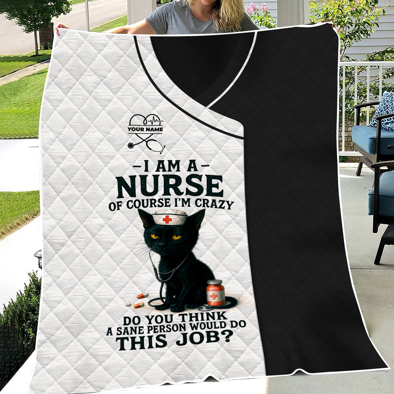 Personalized Funny Nurse Blanket - Black Cat Design with Name - Custom Throw Blanket Gift for Women Nurses