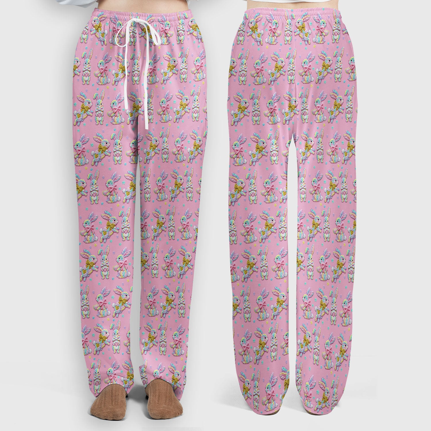 Cartoon Bunny All Over Print Set, Scrub Pants and V Neck Top