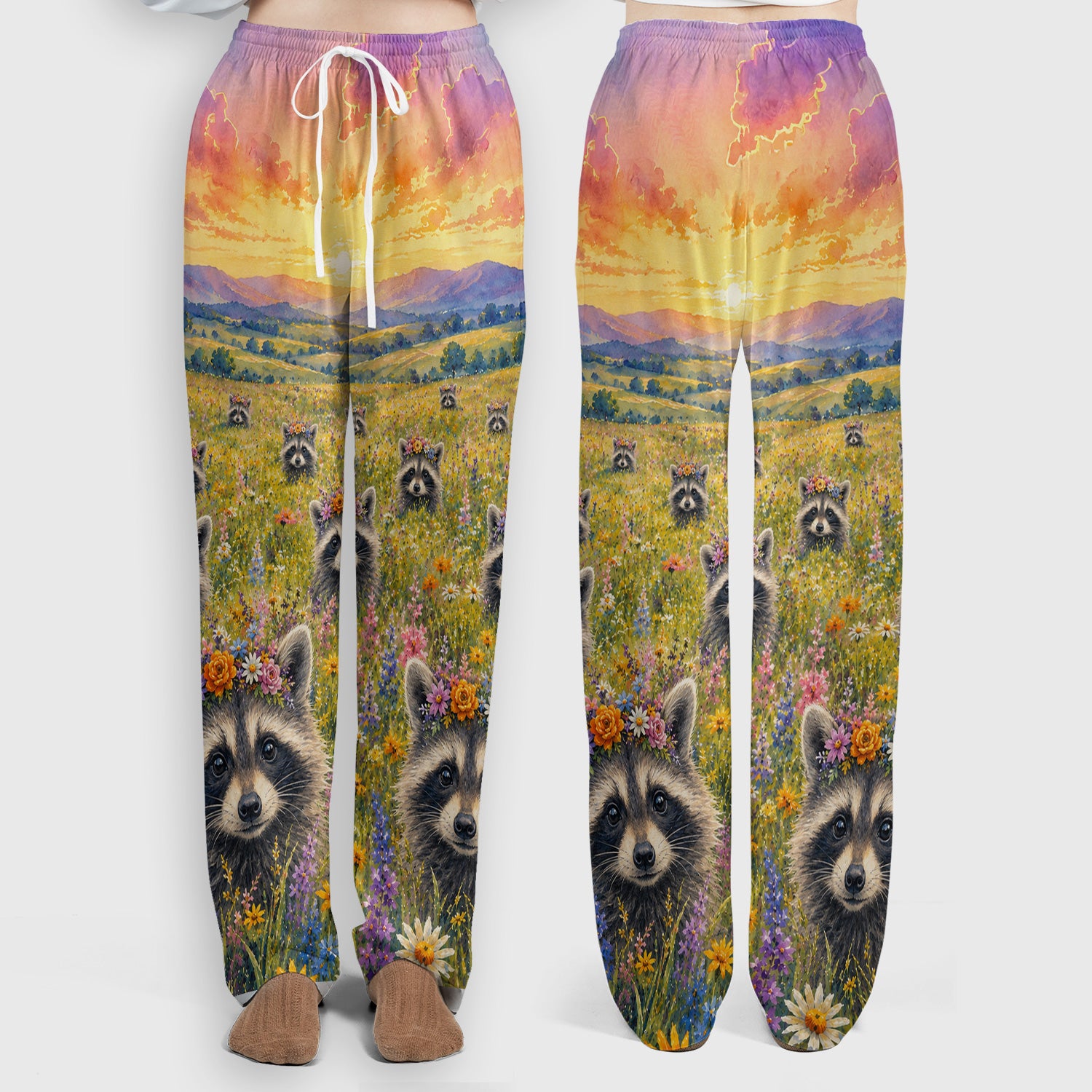 Floral Raccoon Meadow Veterinary Nurse Pattern Scrub Set, Scrub Pants and V Neck Top