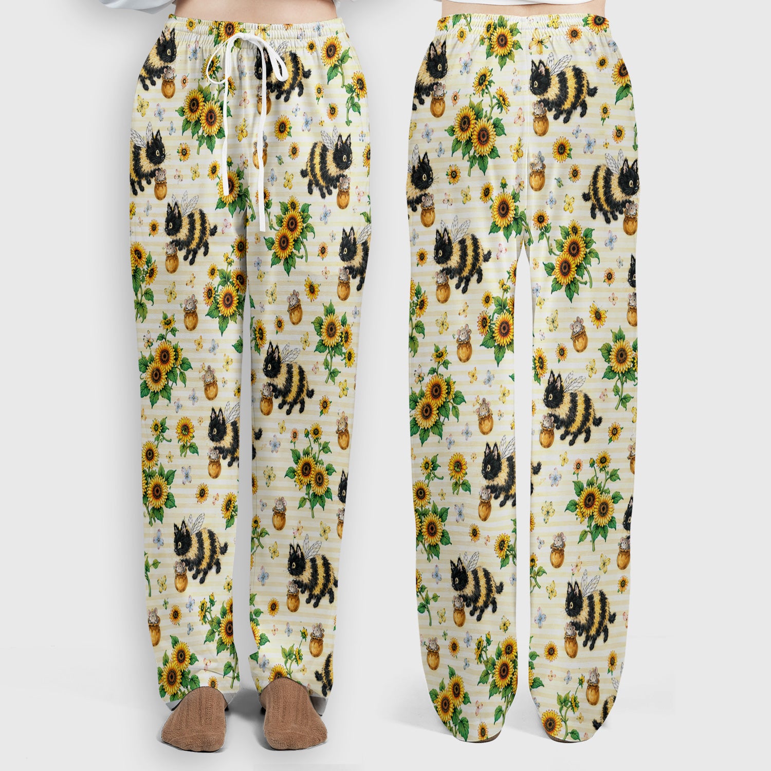 Cute Bumblebee Cat Sunflower Pattern Scrub Set, Scrub Pants and V Neck Top