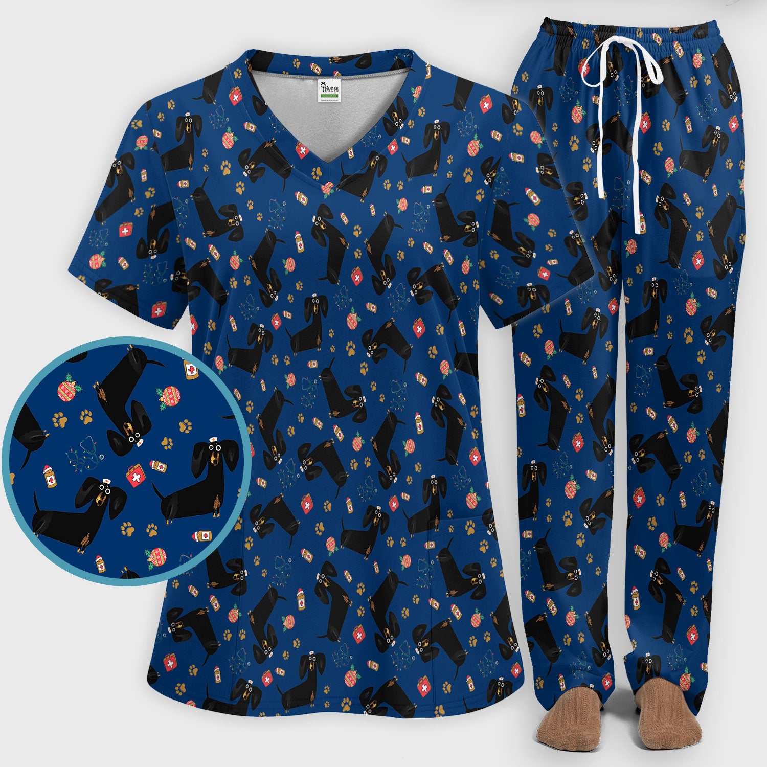Funny Wiener Dog Scrub Sets for Nurses - Cute Black Dachshund Pants and V Neck Top - Dog Lover Nursing Uniform Gift for Women