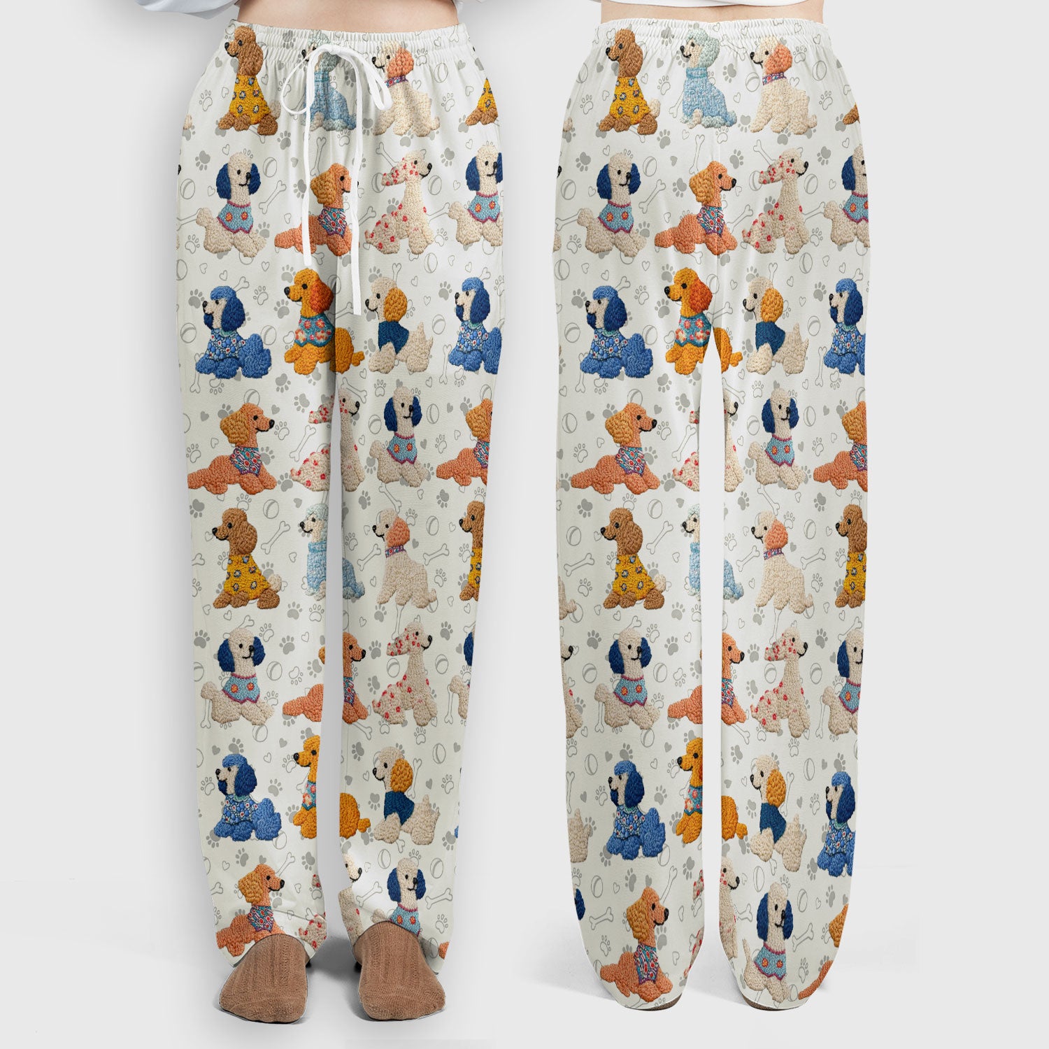 Cute Colorful Poodle Pattern Scrub Set, Scrub Pants and V Neck Top