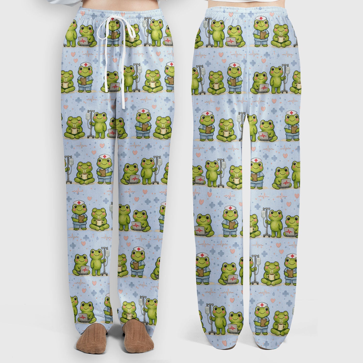 Adorable Frog Nurse Various Poses Print Scrub Set, Breathable Med Uniform