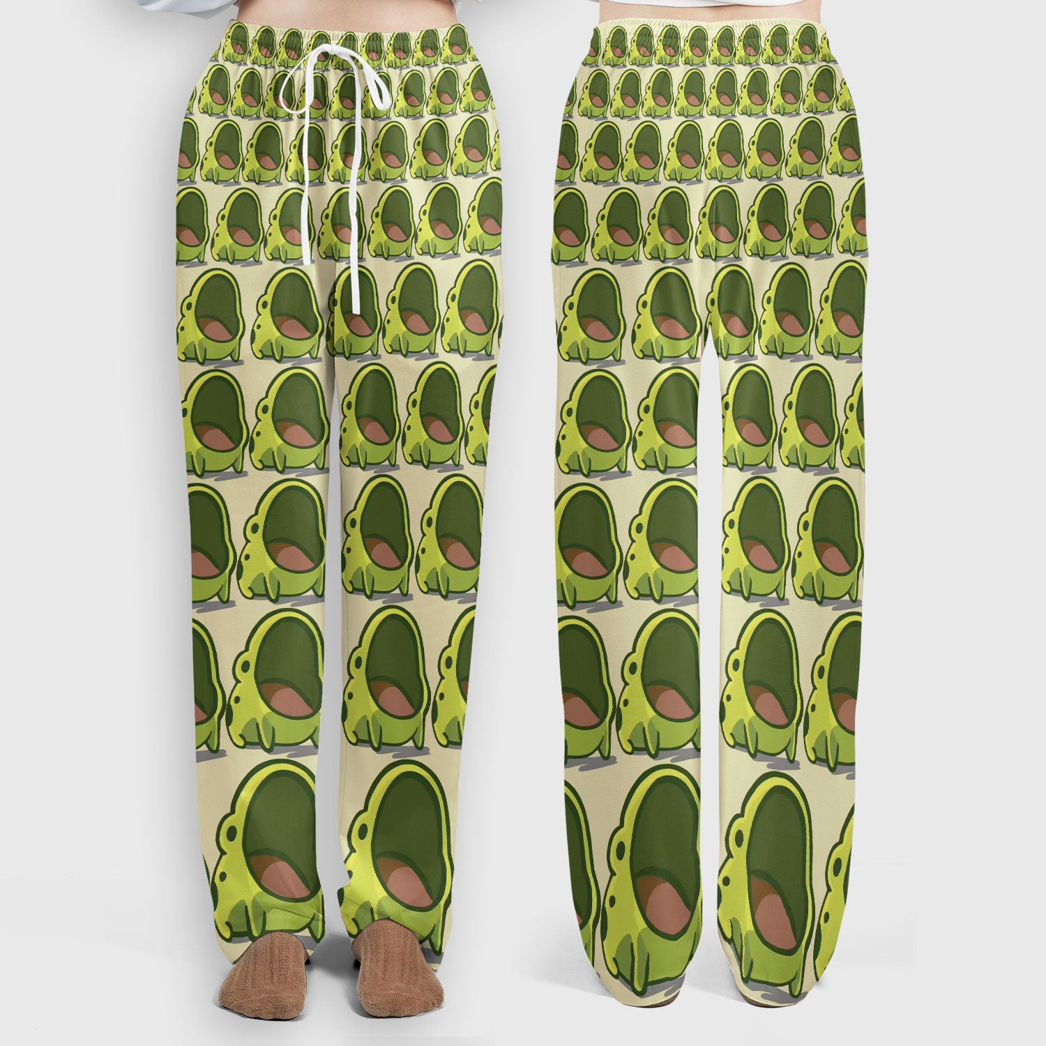 Cute Green Frog Cartoon Print Scrub Set, Scrub Pants and V Neck Top